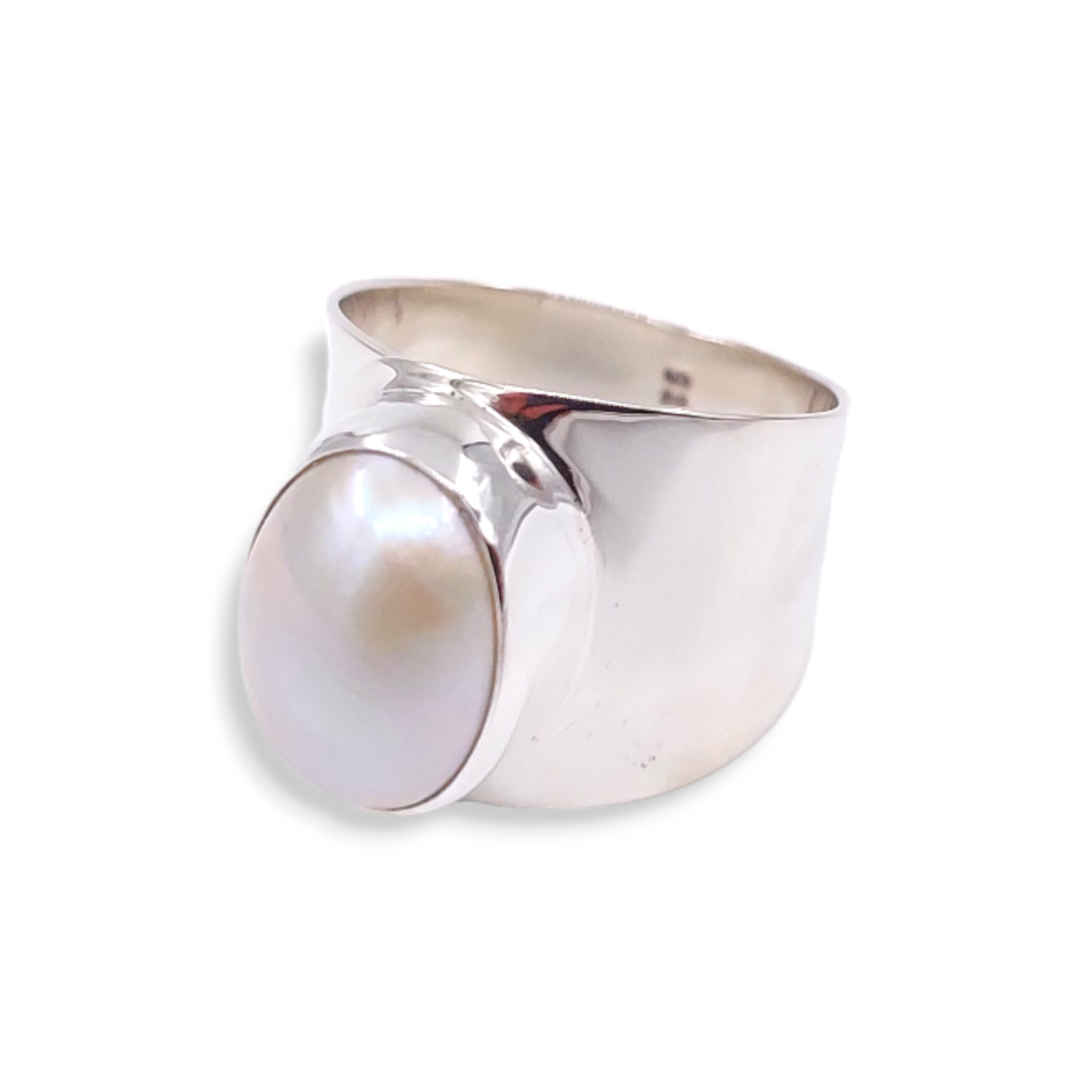 Sterling Silver Thick Band 14mm x 11mm White Pearl Adjustable Ring