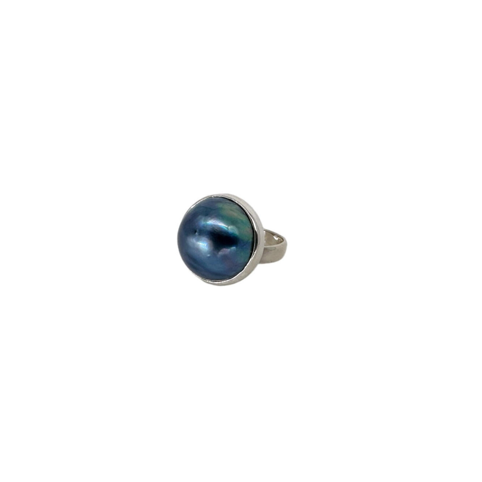 Sterling Silver 16mm Peacock Pearl Adjustable Ring