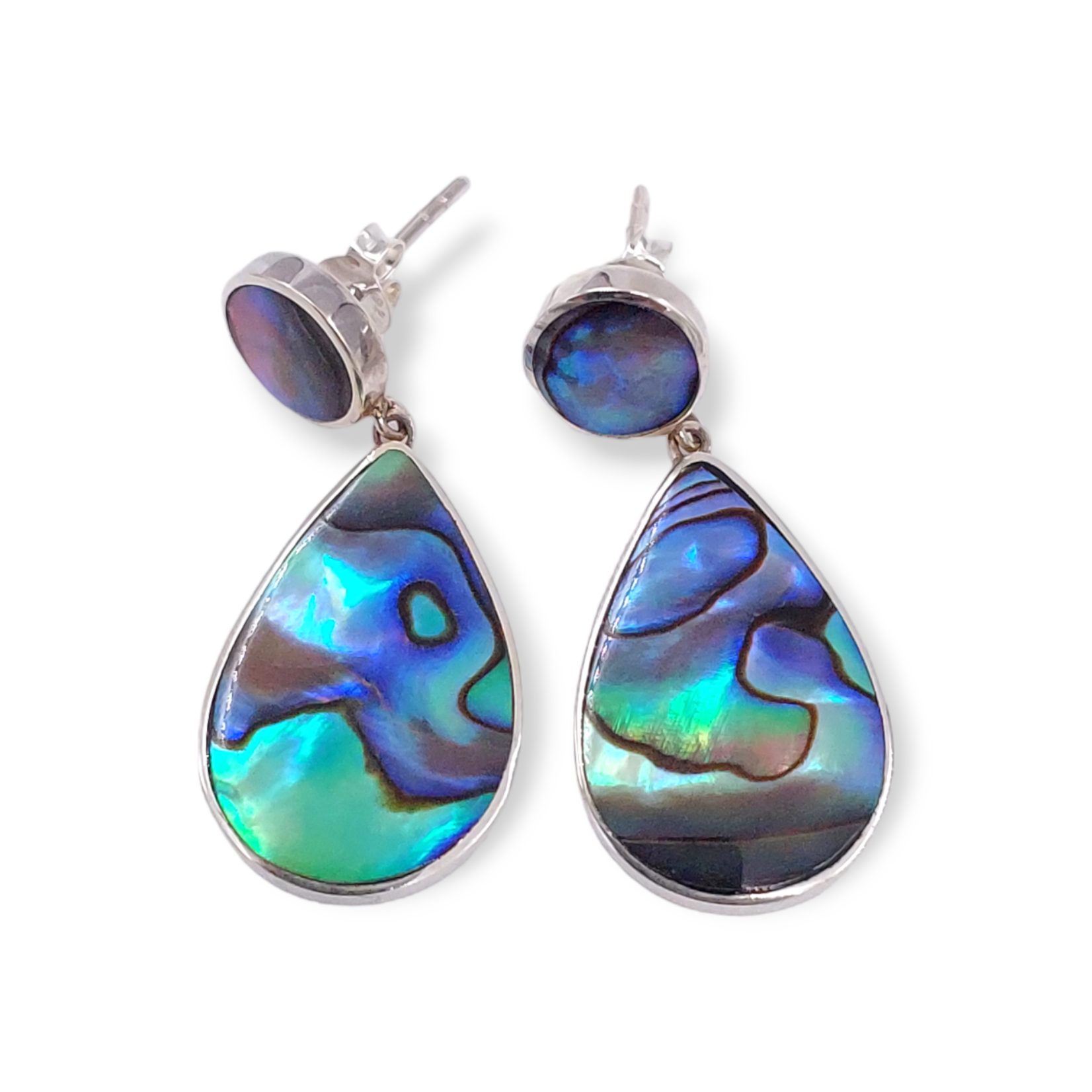 SE576 Sterling Silver Paua Round and Raindrop Dangle Earrings