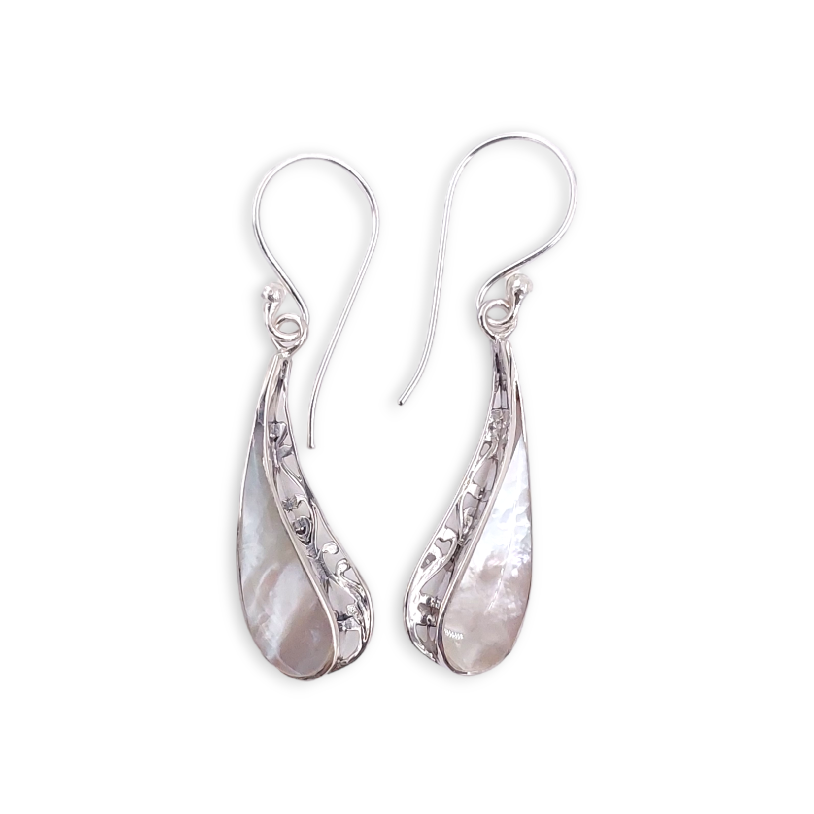 SE578 Sterling Silver Mother of Pearl Filigree Dangle Earrings