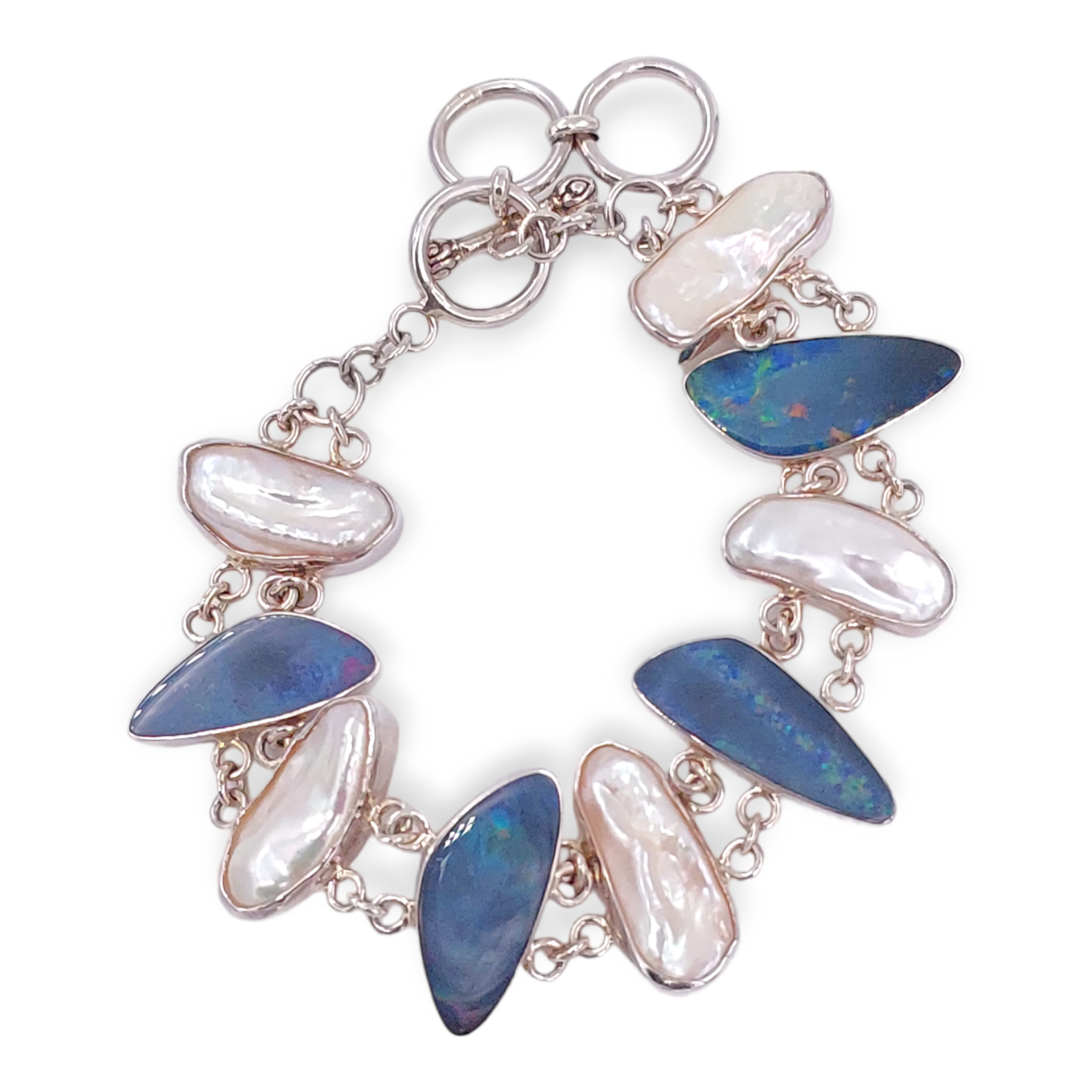 Sterling Silver Opal and Biwa Pearl Bracelet
