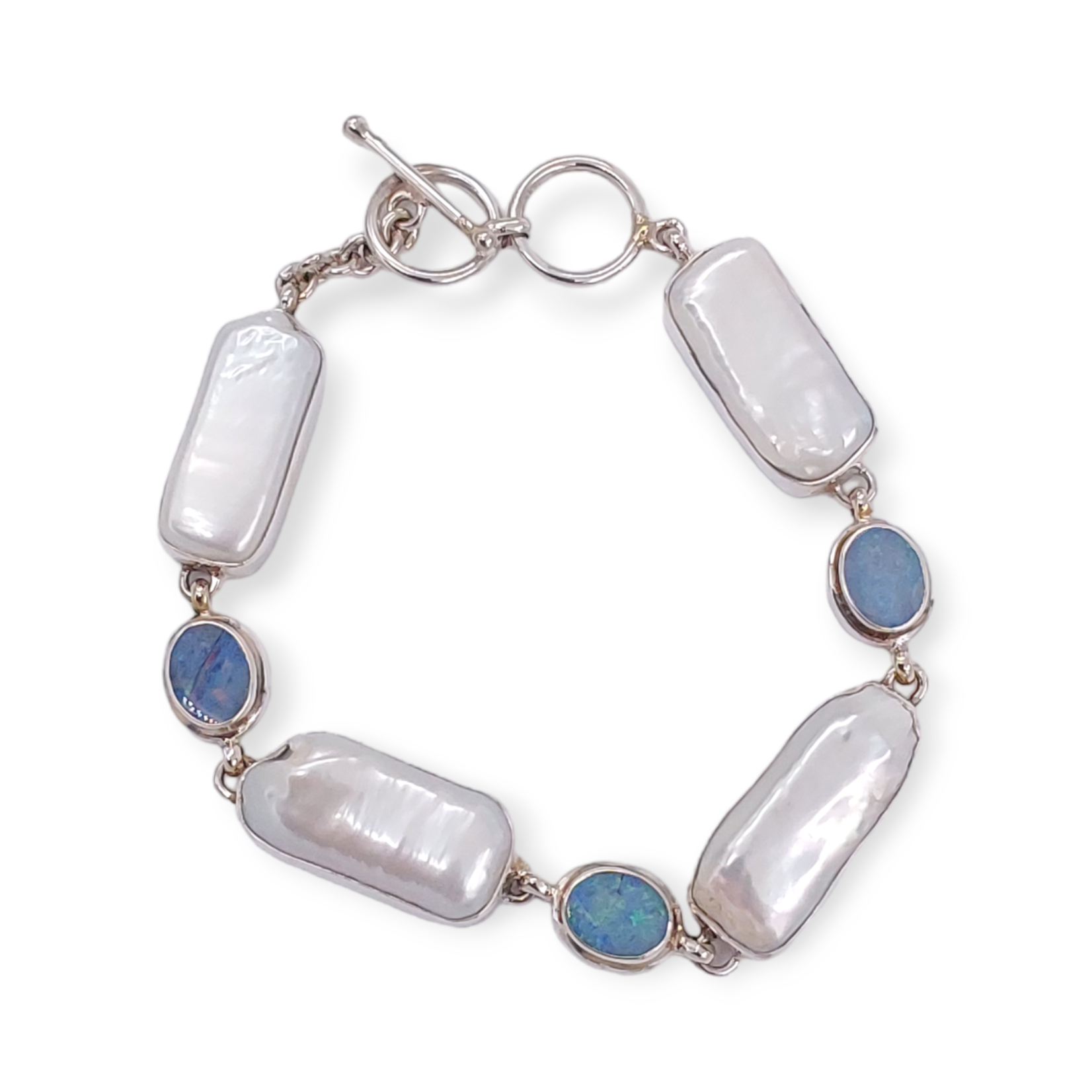 Sterling Silver Biwa Pearl and Opal Bracelet