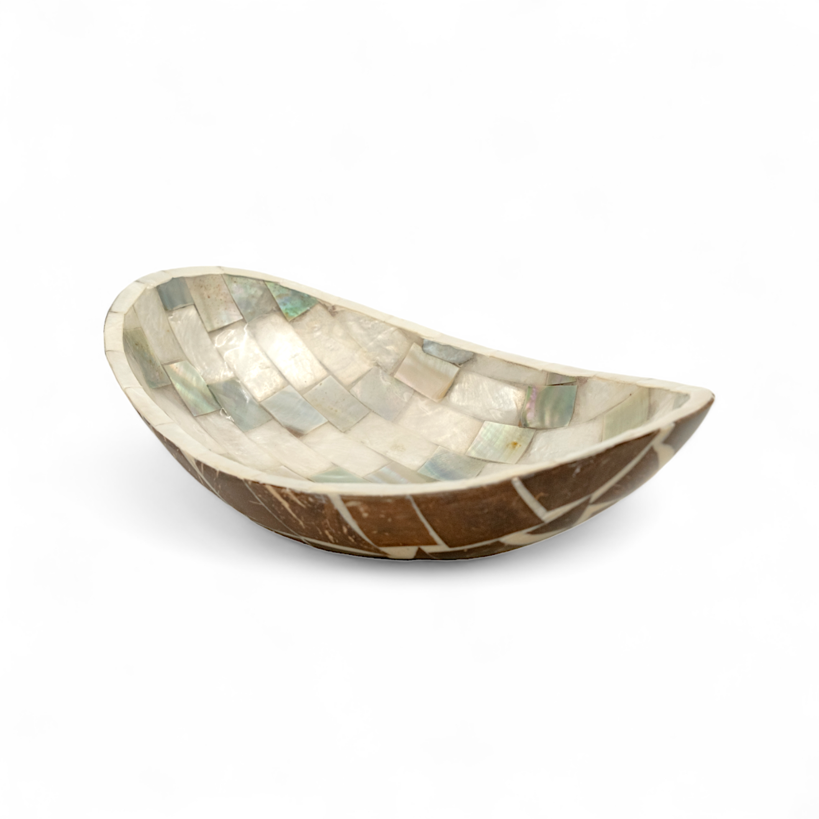 Hand Made Mother of Pearl Paua Shell Mosaic Oval Bowl  Coconut Shell Resin Back