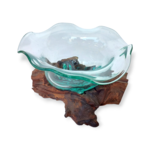 25cm MK8 Hand Blown Recycled Fluted Glass Bowl on Wood Base