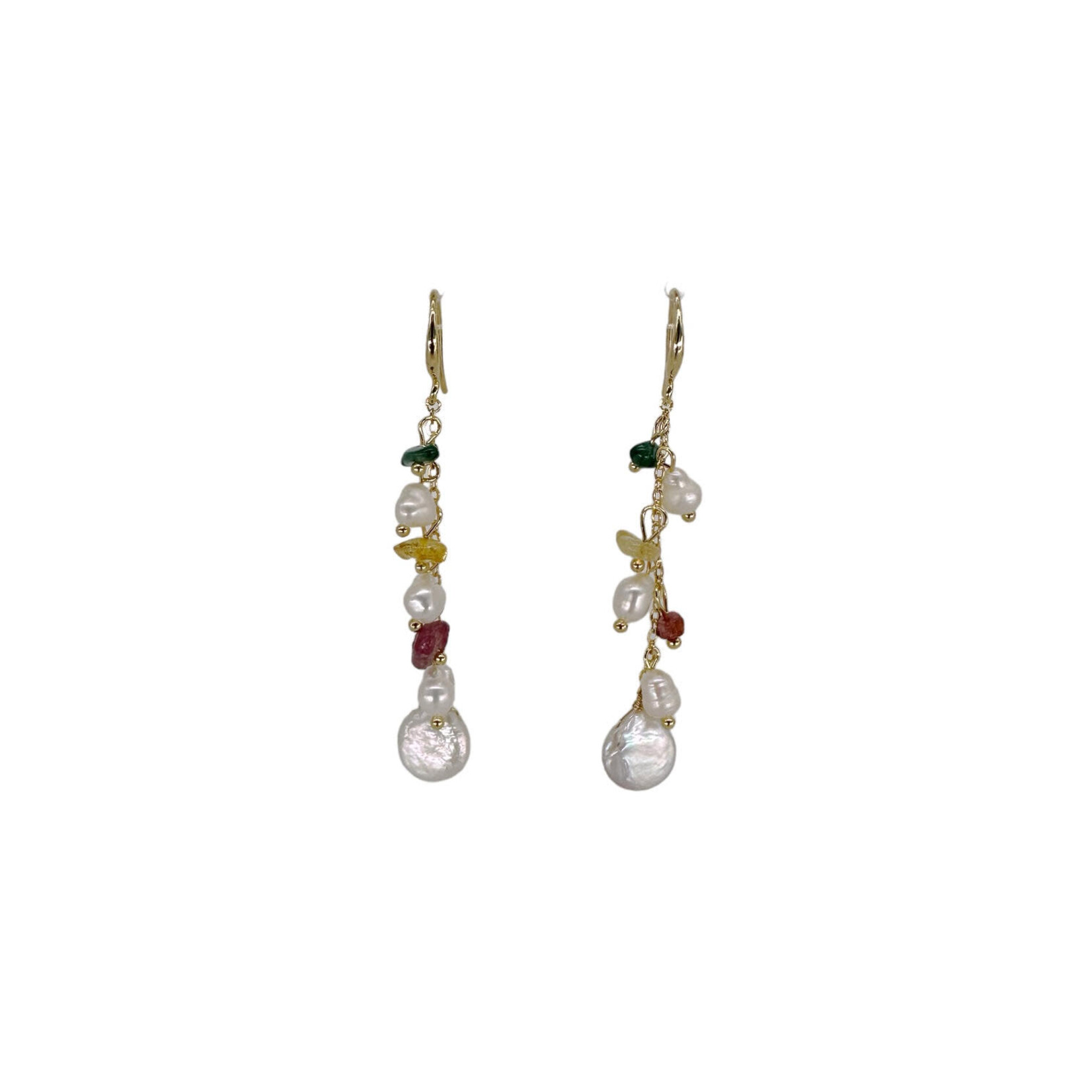Copper Jade  Earrings with Pearls, Coin Pearl, and Tourmaline