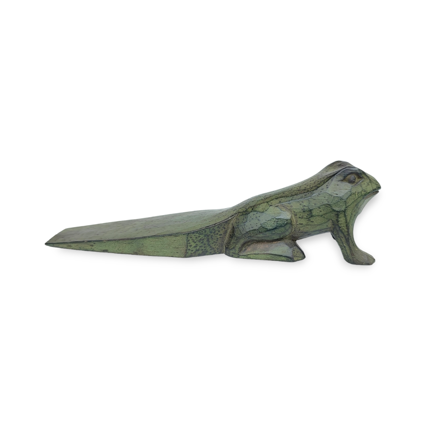 Hand Carved Albesia Wood Doorstop Green Frog