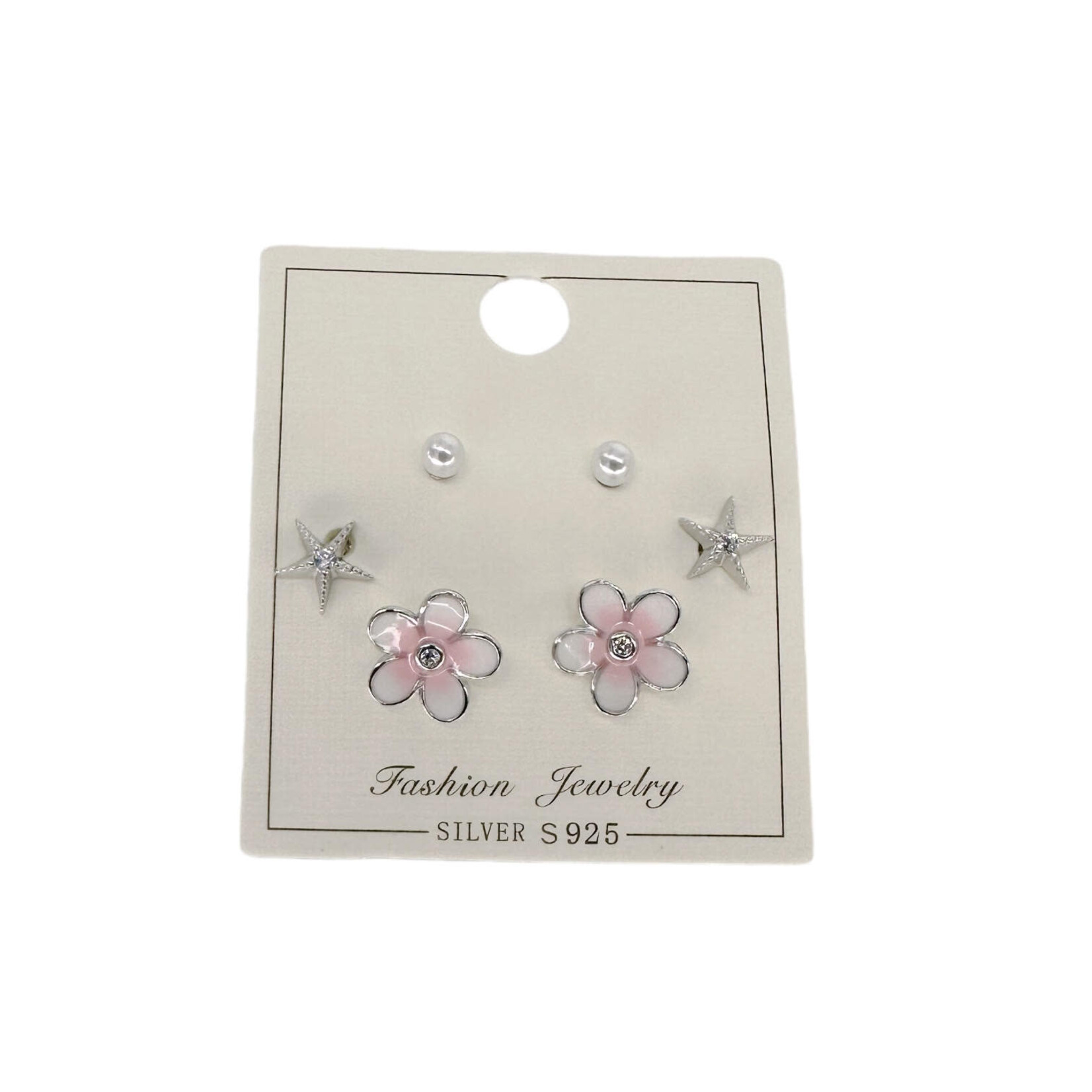 SE598 Sterling Silver Pink Flower Earring Set