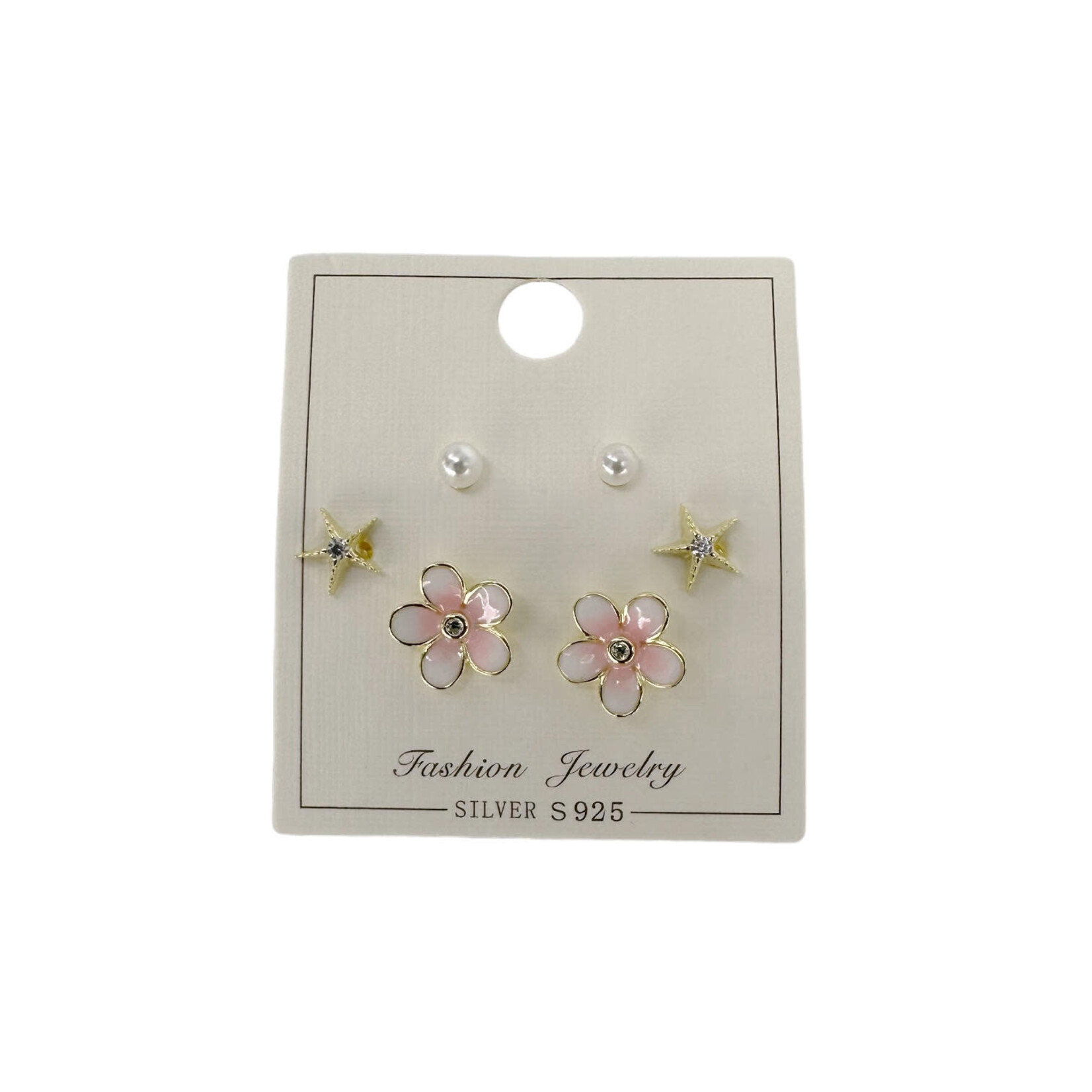 SE600 Sterling Silver Gold Plate Pink Flower Earring Set