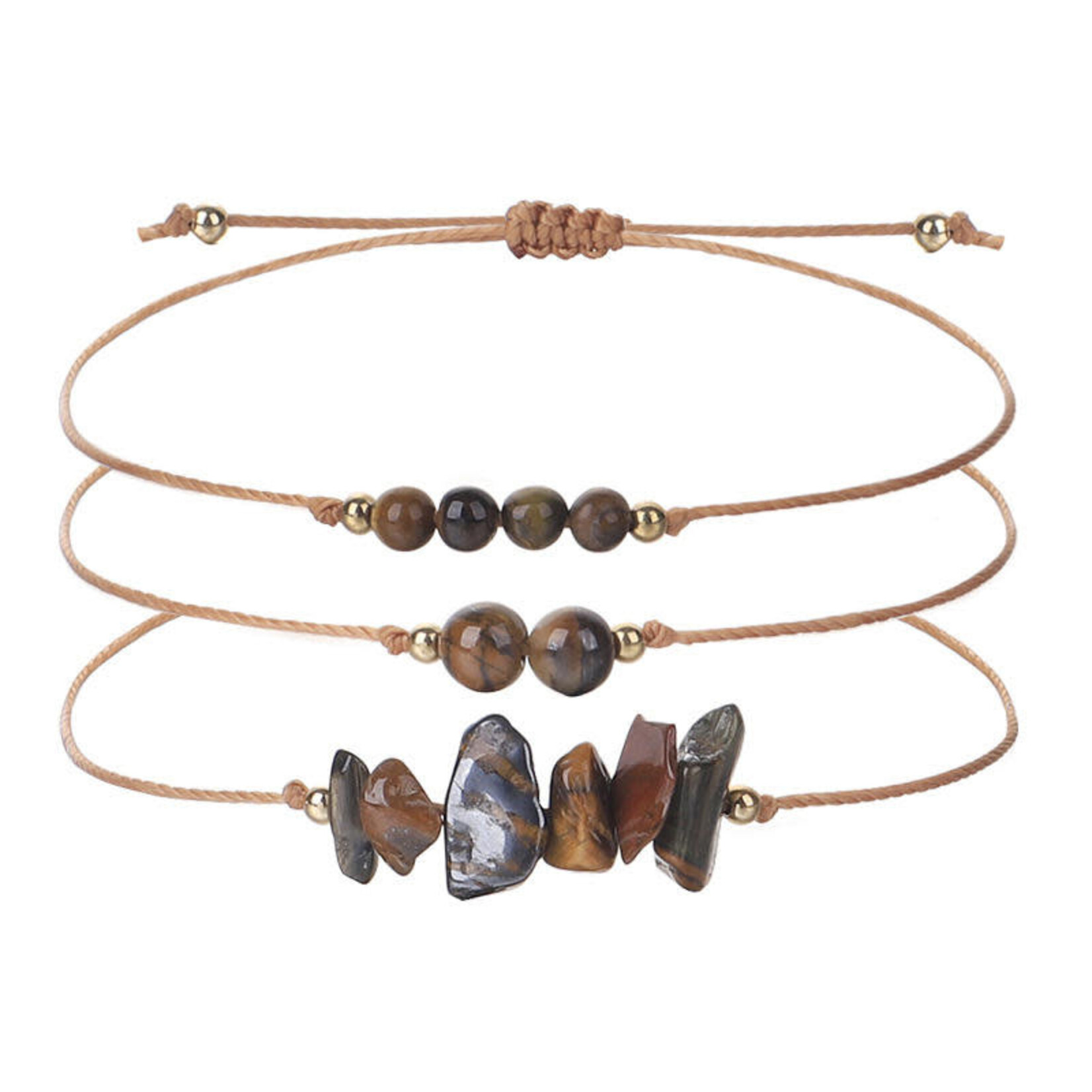 Set of Three Adjustable Tiger Eye Gemstone Bracelets