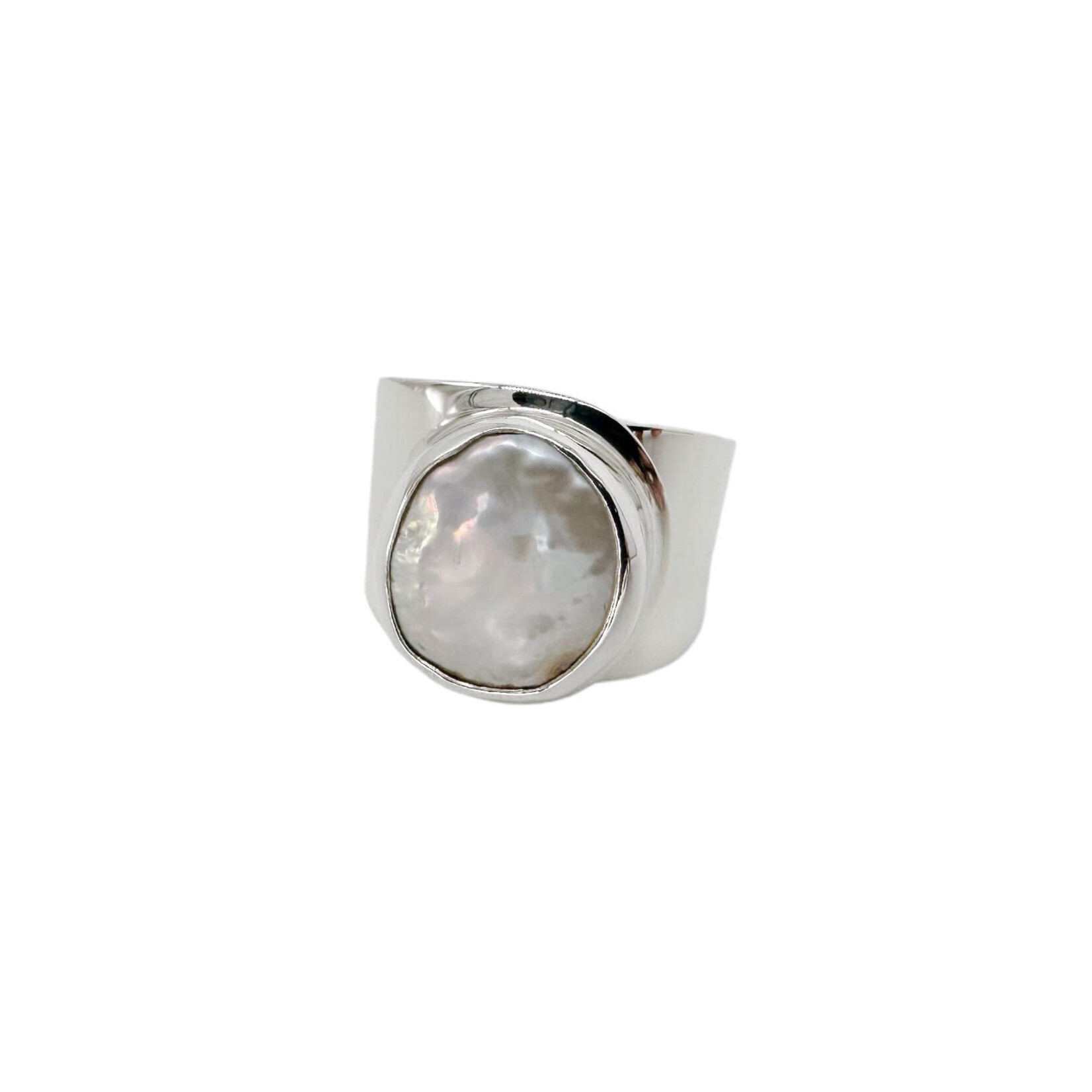 Sterling Silver Thick Band White Biwa Pearl Adjustable Ring