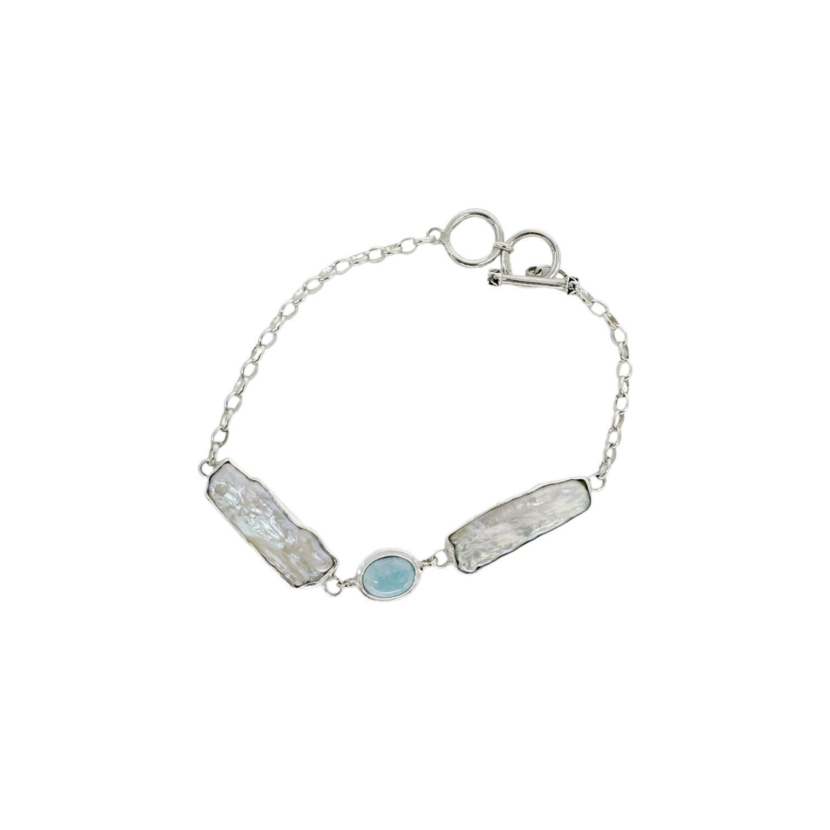 Sterling Silver Biwa Pearl and Larimar Bracelet