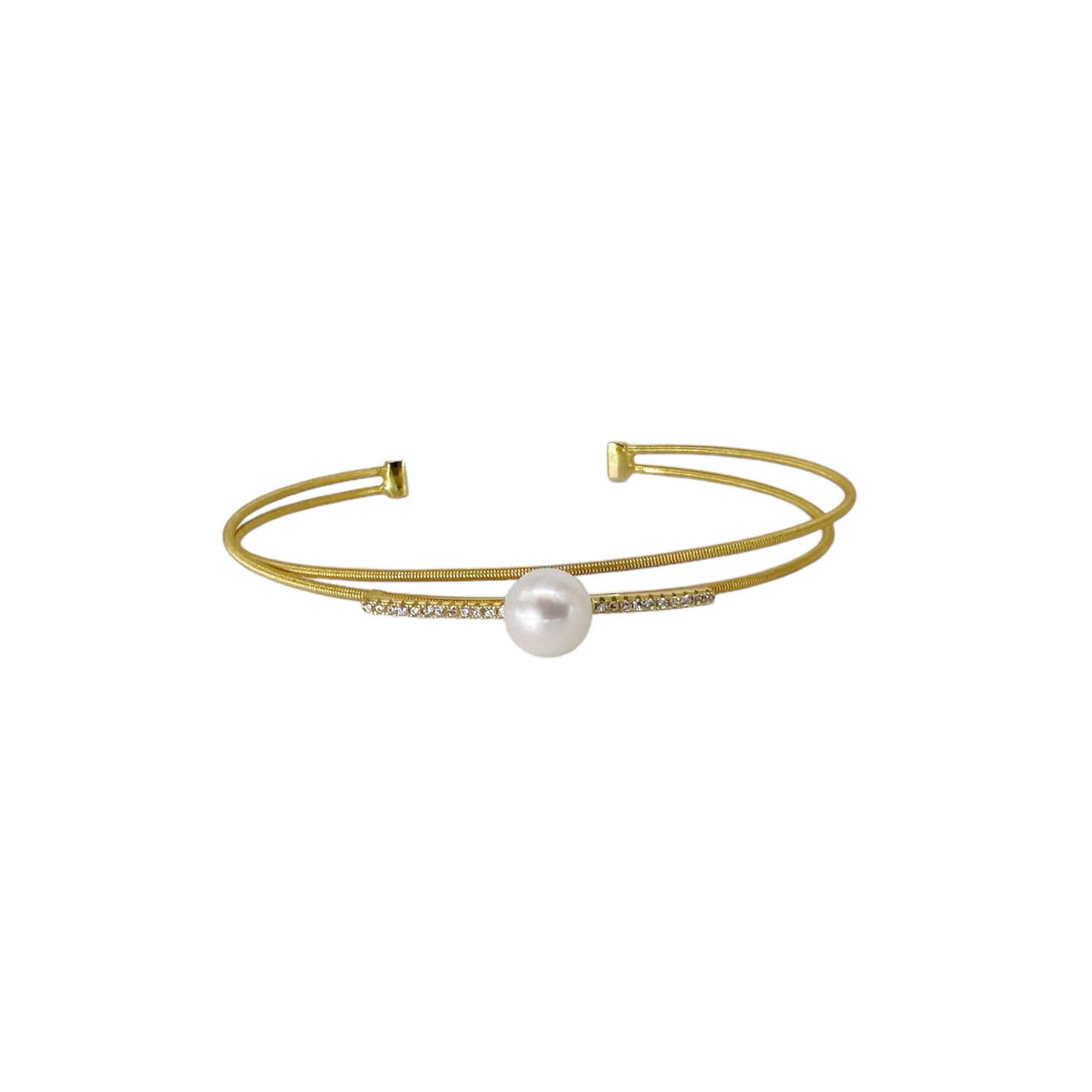 Sterling Silver  Gold Finished Open Cuff Bangle Bracelet with 7.5mm Cultured White Pearl and Swarovski Elements