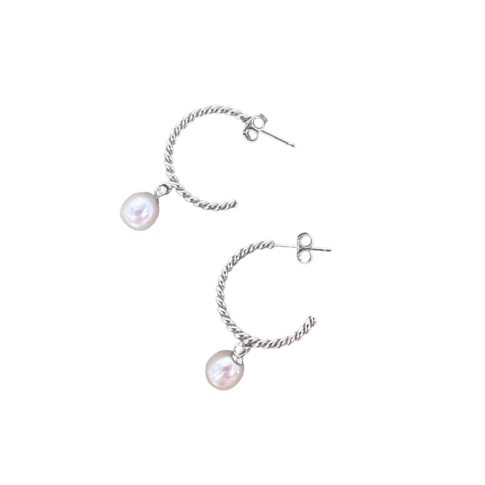 Sterling Silver Twist Hoop 7mm White Pearl Earrings