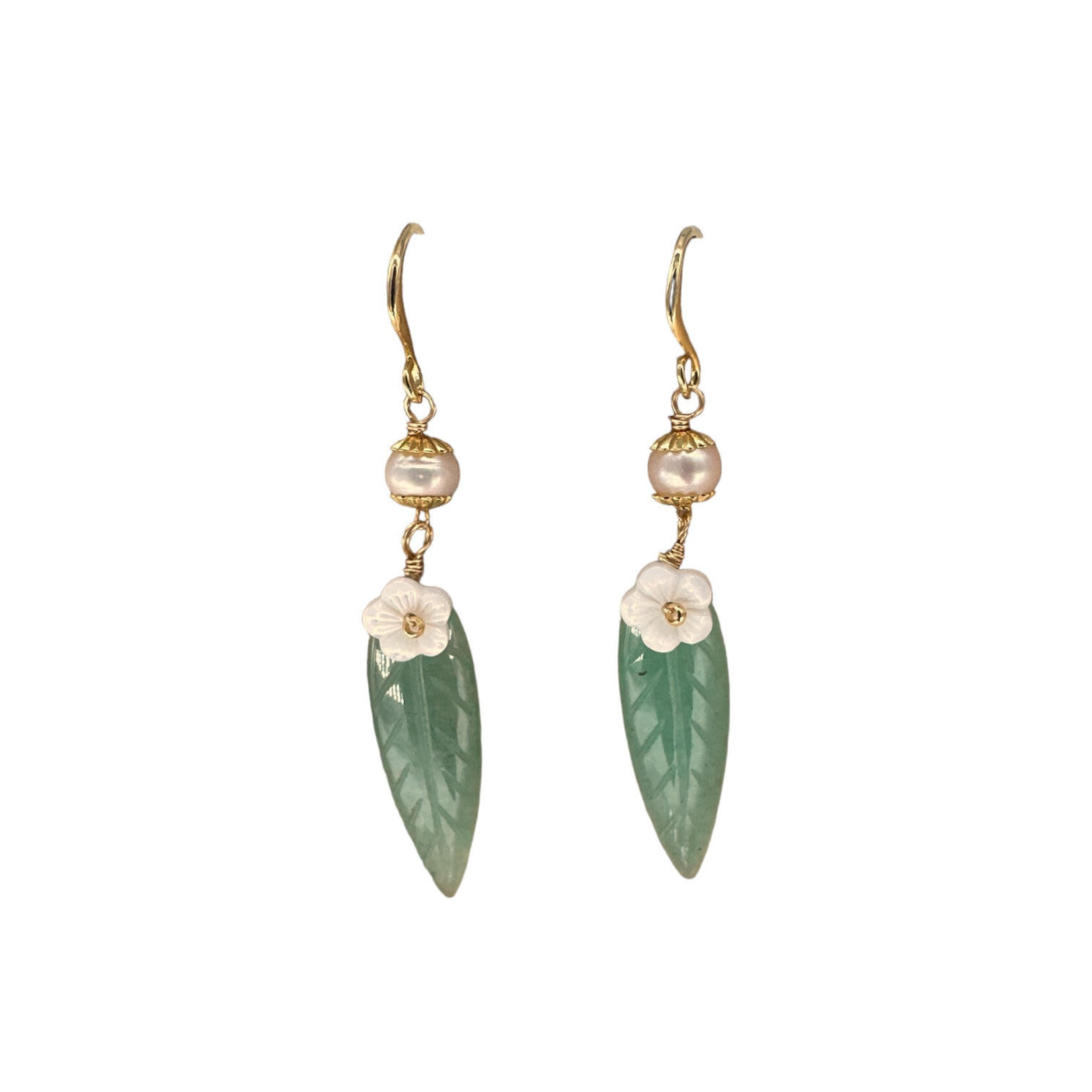 Copper, Jade and Pearl Dangle Earrings Leaf