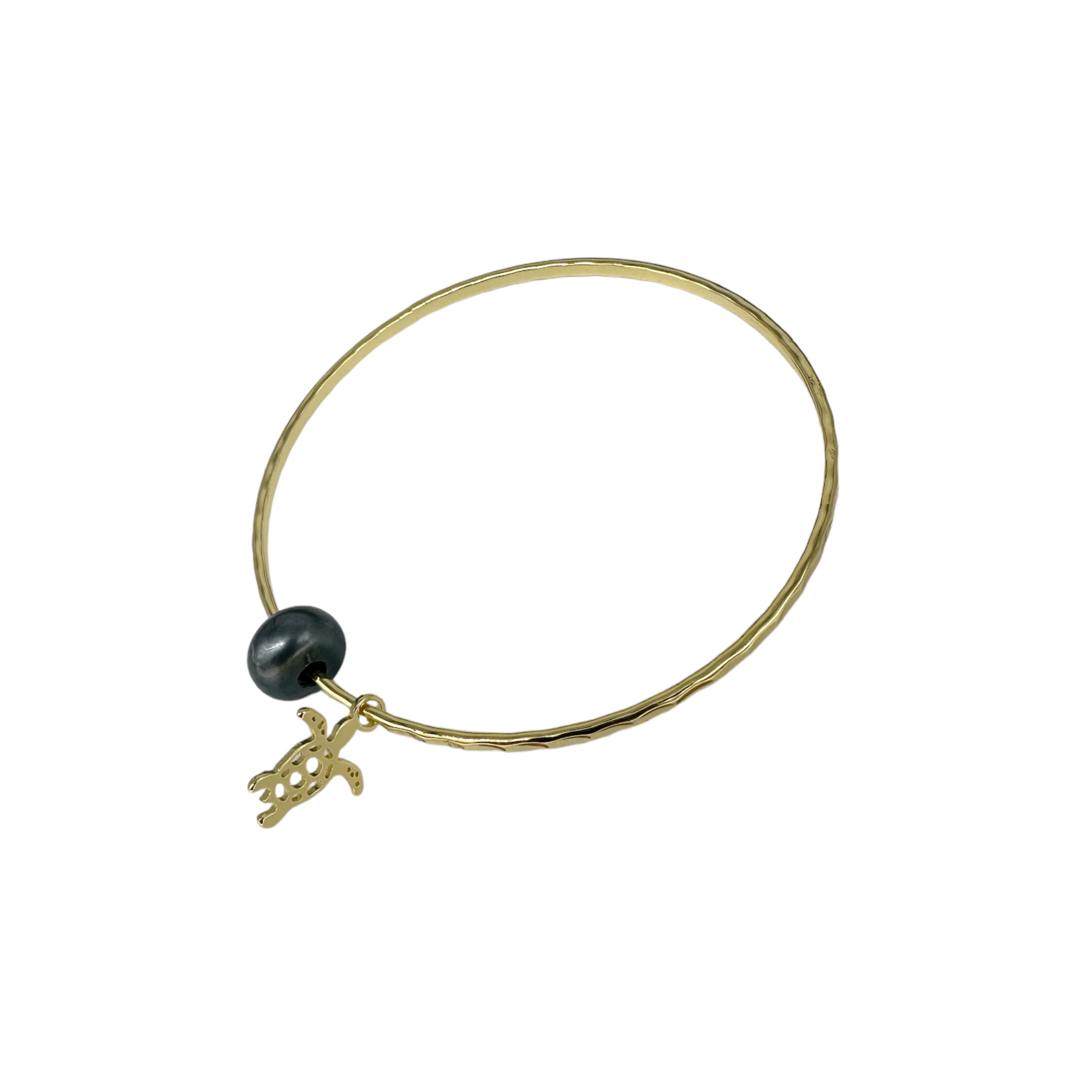 15k Gold Plated Bangle with Black Pearl and Turtle Charm