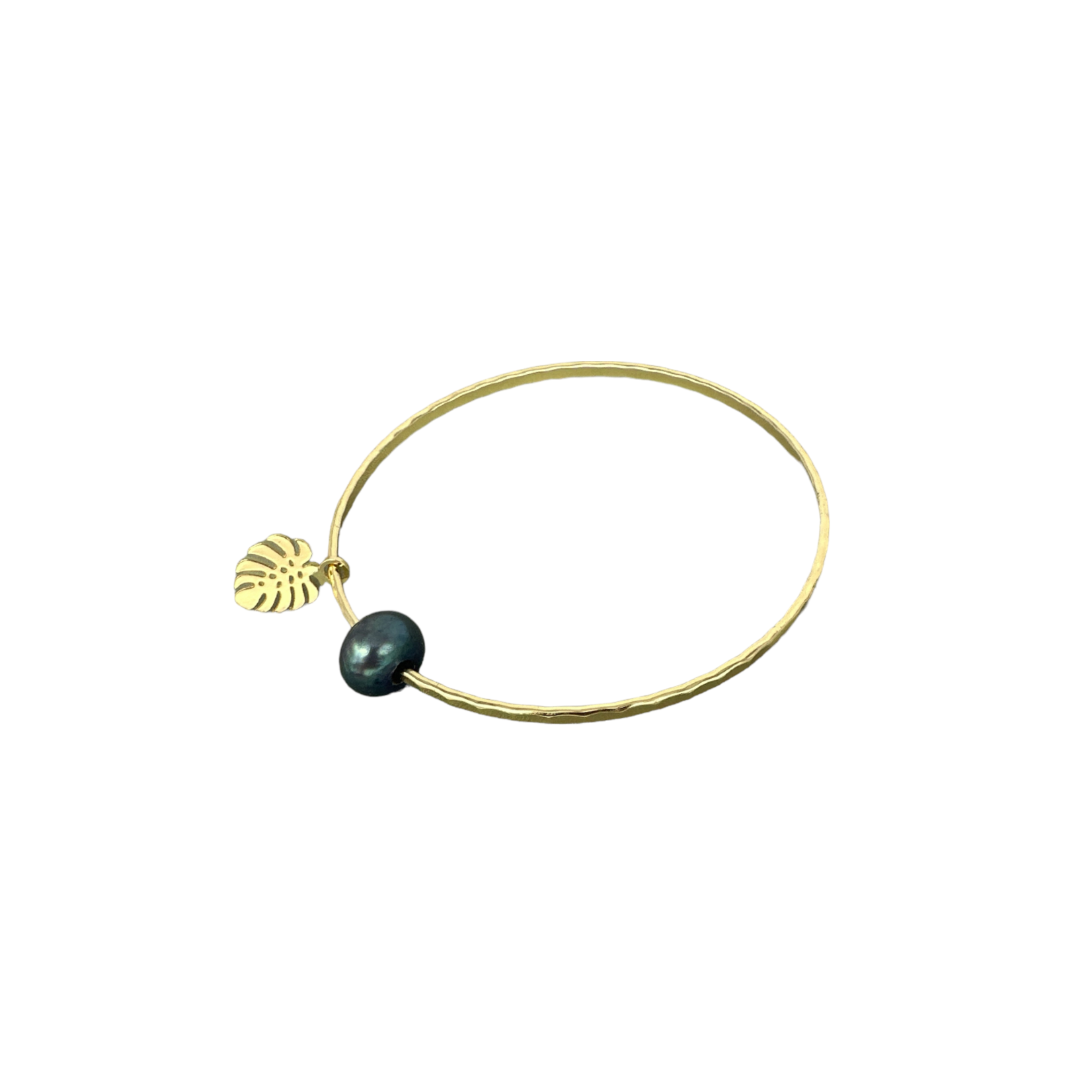 15k Gold Plated Bangle with Black Pearl and Monstera Charm