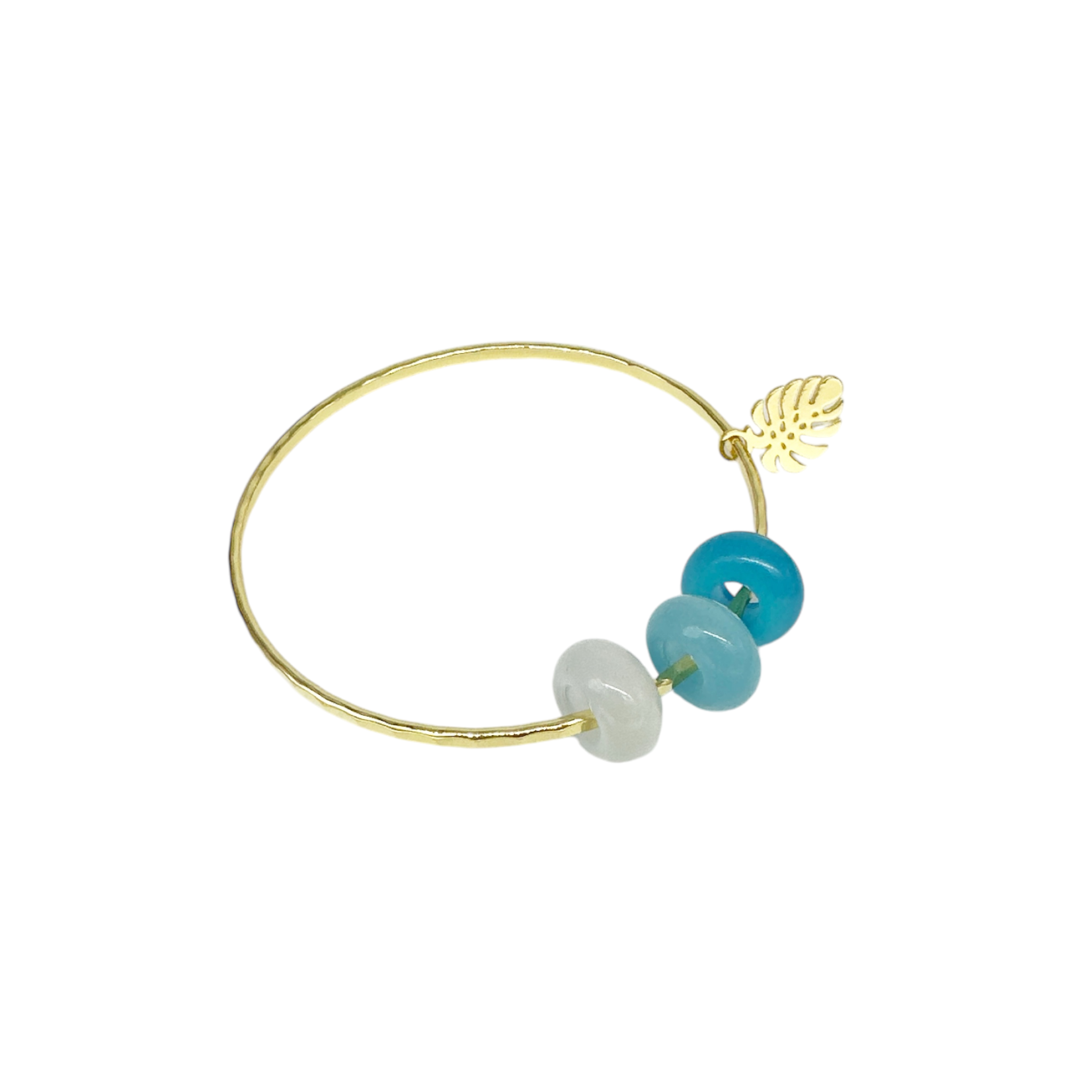 15k Gold Plated Bangle with Glass Beads and Monstera Charm