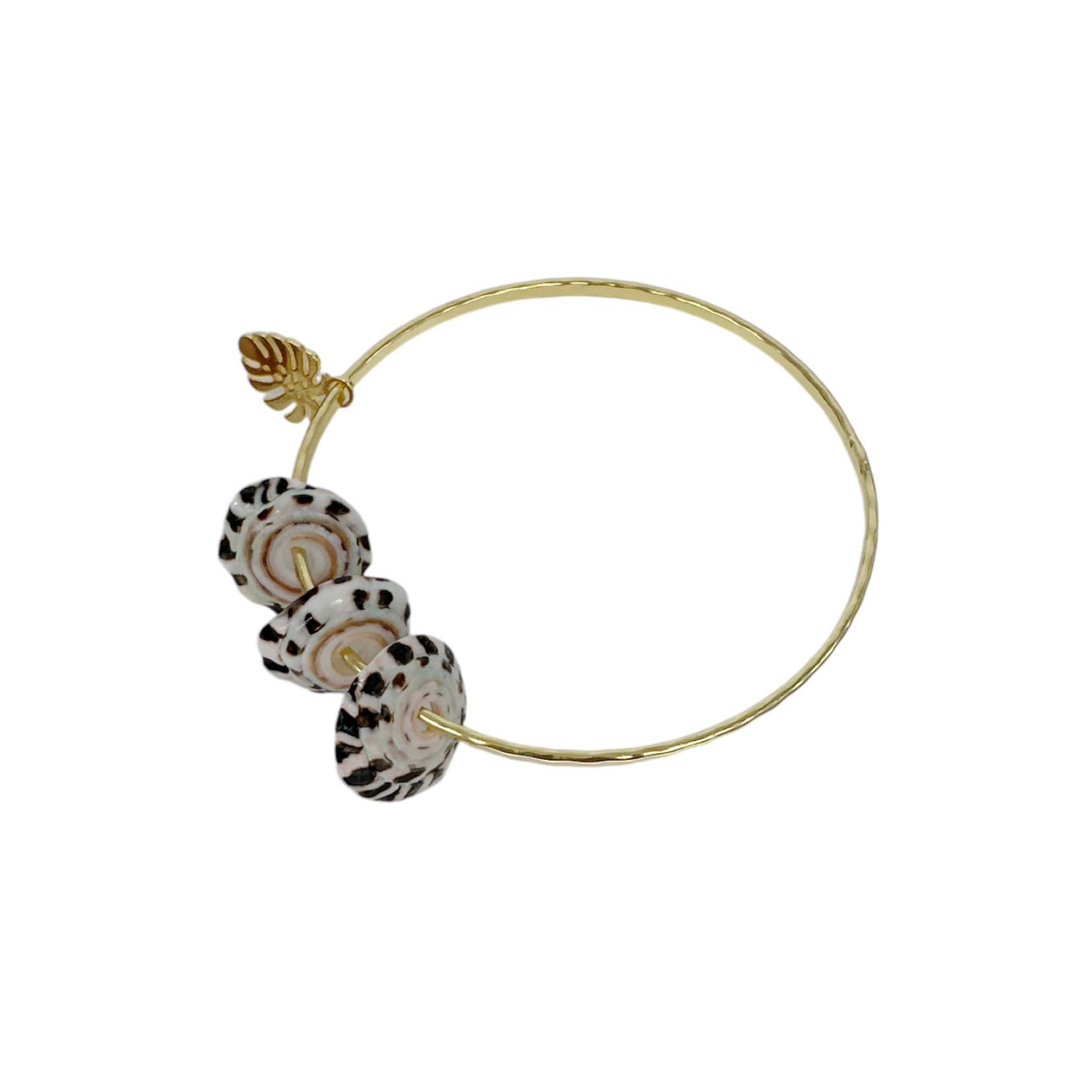 15k Gold Plated Bangle with Puka Shells and Monstera Charm