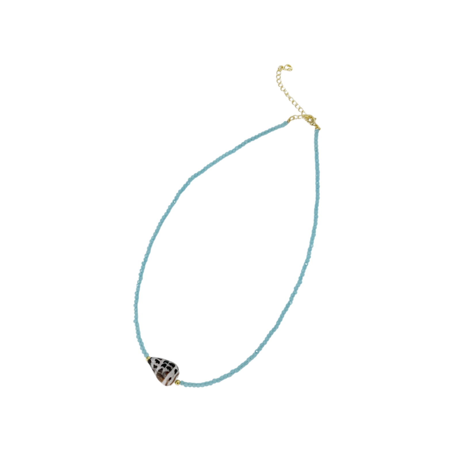 16-18" 15k Gold Plated Hebrew Shell and Crystal Aqua Bead Necklace
