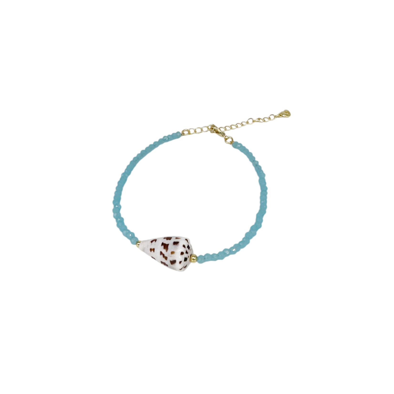 16-18" 15k Gold Plated Hebrew Shell and Crystal Aqua Bead Bracelet