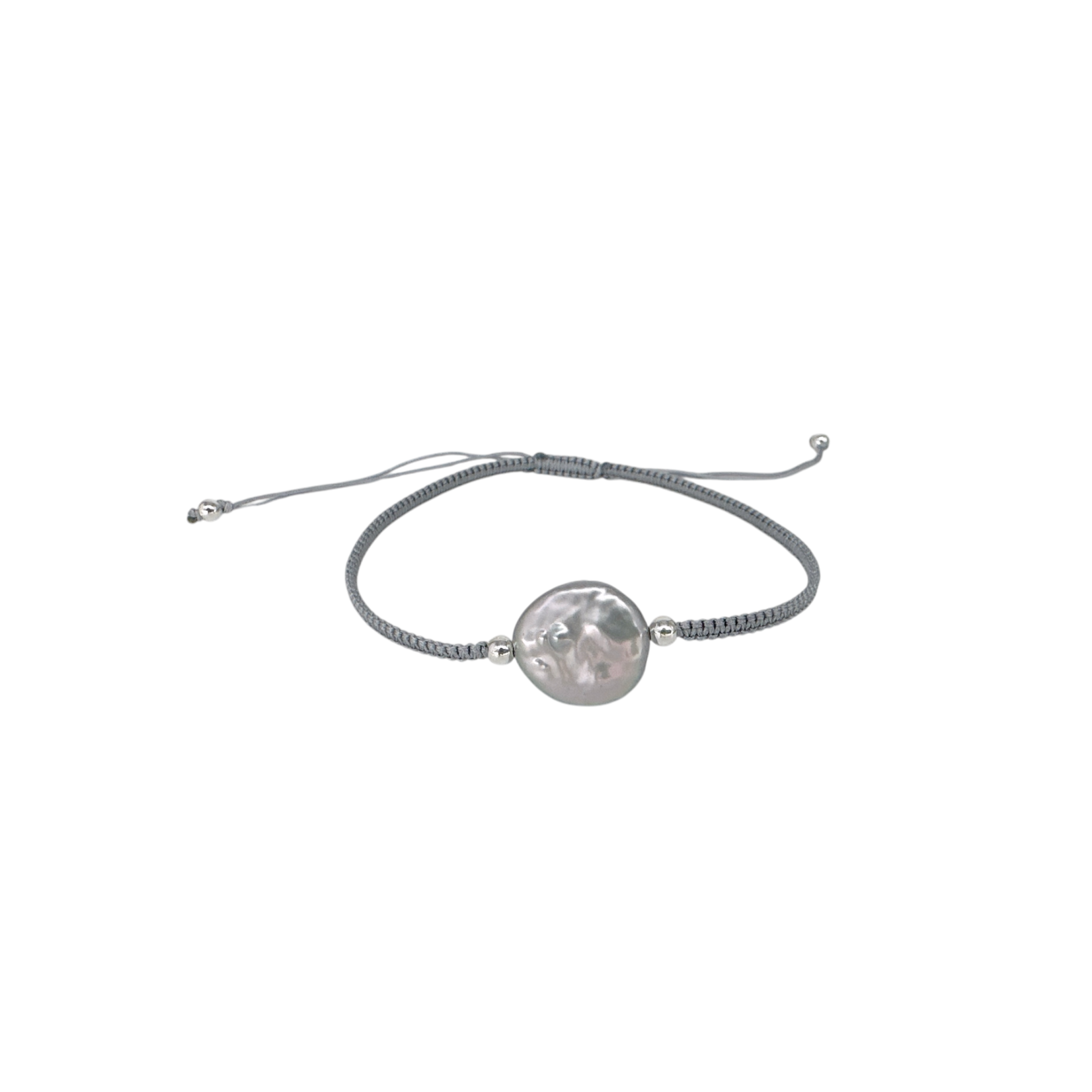 Adjustable String Bracelet with Silver Coin Pearl Grey