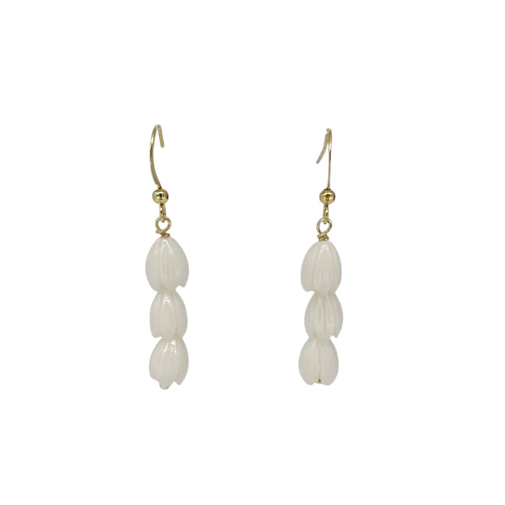 15k Gold Plated Copper Dangle Earrings with White Coral Powder Pikake Beads