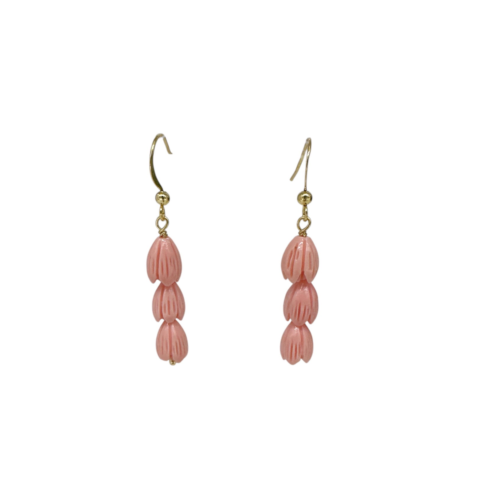 15k Gold Plated Copper Dangle Earrings with Pink Coral Powder Pikake Beads