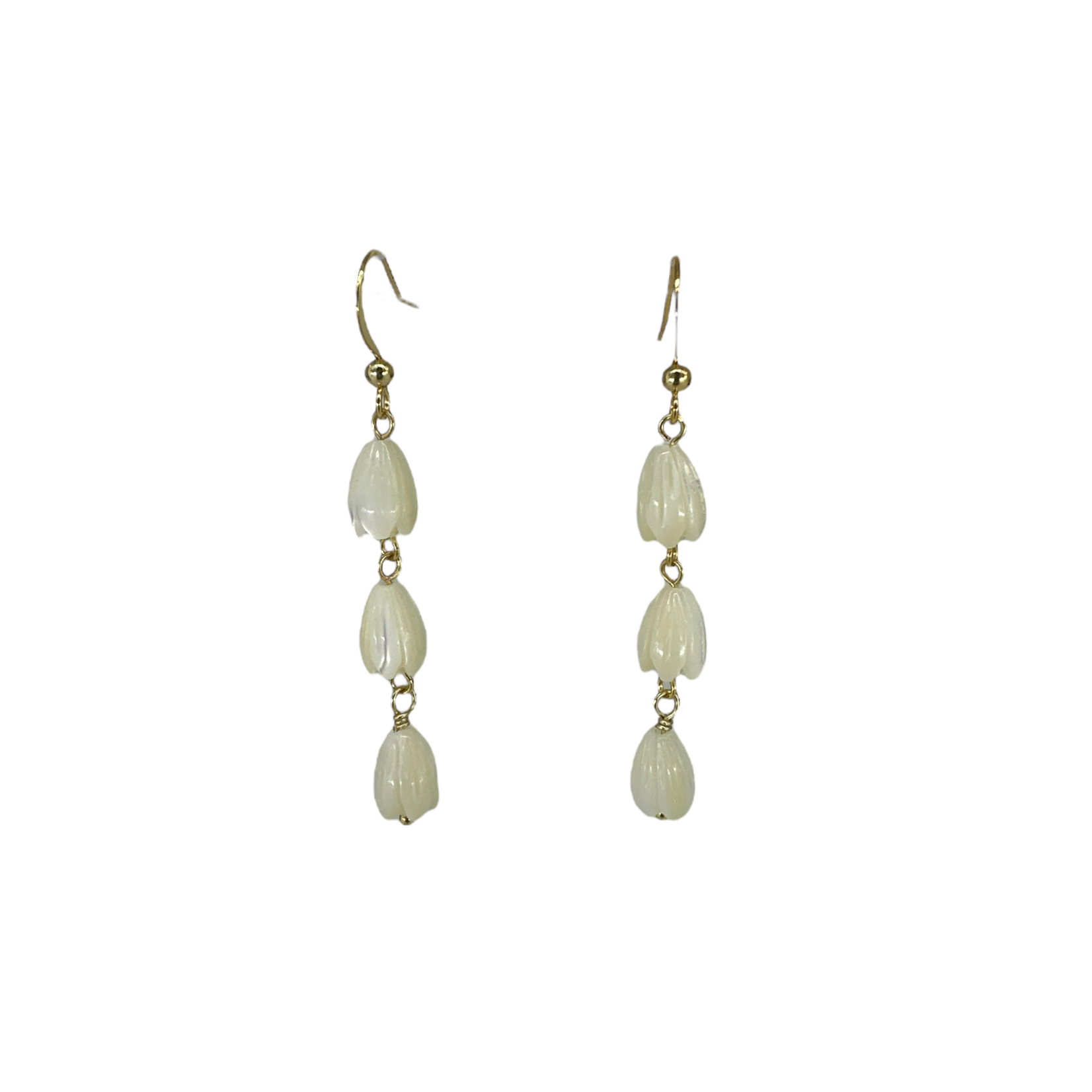 15k Gold Plated Copper Dangle Earrings with 3 11mm Mother of Pearl Pikake Beads