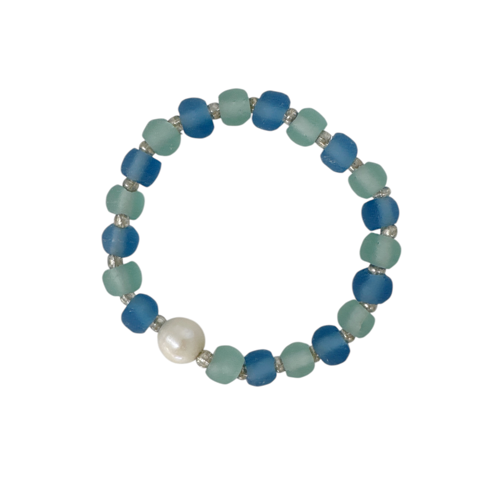 BGL9 Beach Glass Bracelet with Single Pearl Light Blue & Green