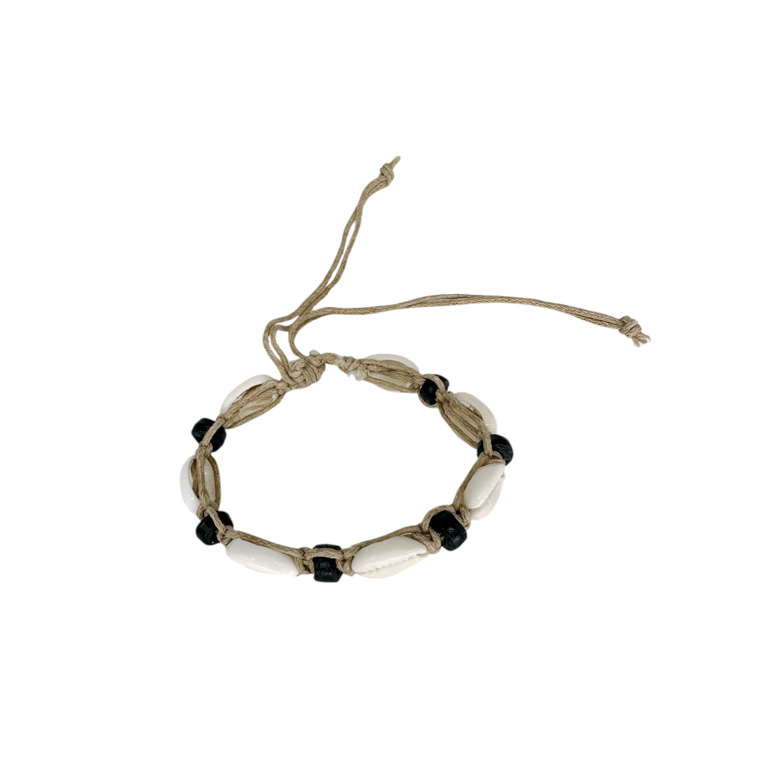 Coconut Shell String Cowry Shell Black Bead Adjustable String Bracelet Taupe - Maka Imports
