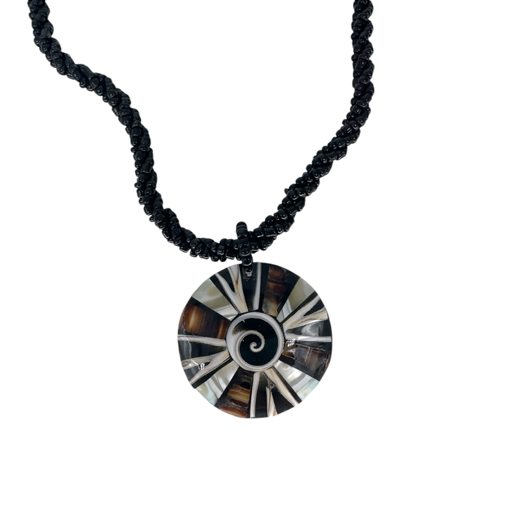 Petite Shell Necklace Swirl Center Mixed Shell with Black Beads - N216