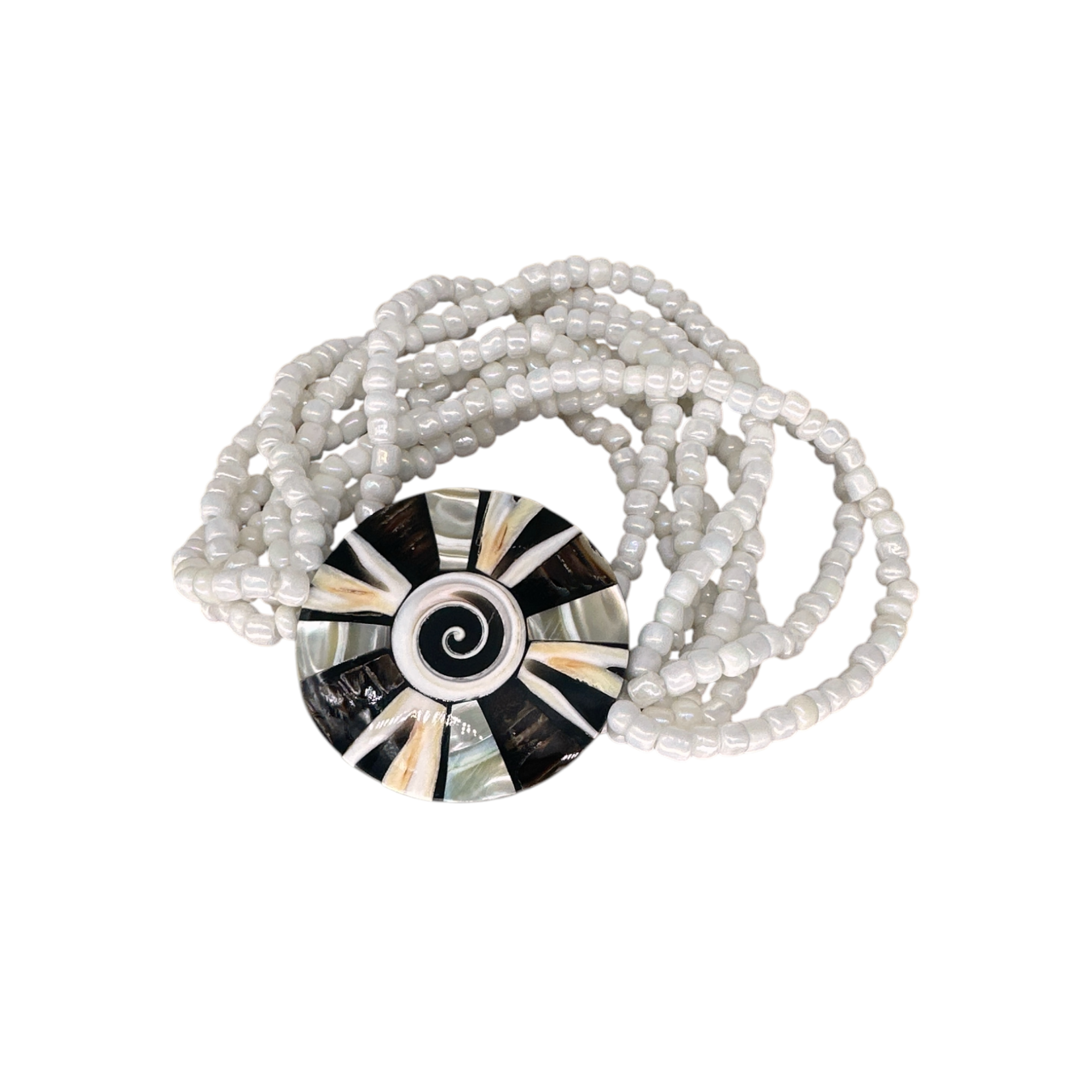 B201 Island Shell Bracelet Swirl Center Mixed Shell on Pearlescent Beads Stretch Bracelet