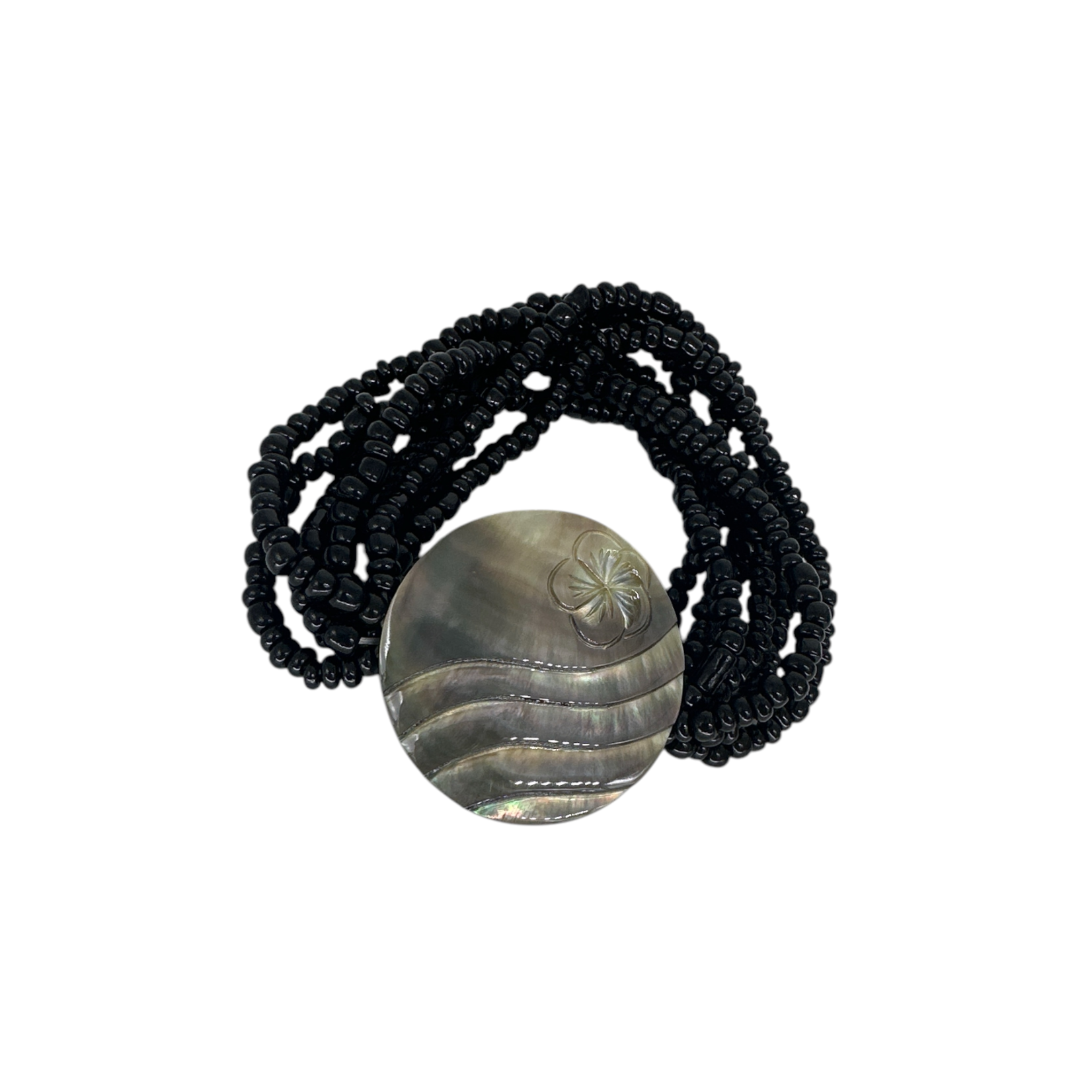 Shell Bracelet B203 Carved Waves with Plumeria Design Black Beads