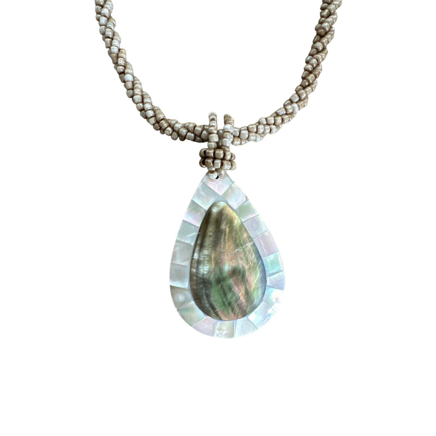 N215 Island Shell Necklace Gold Shell Raindrop with Mother of Pearl Rim with Tan Beads