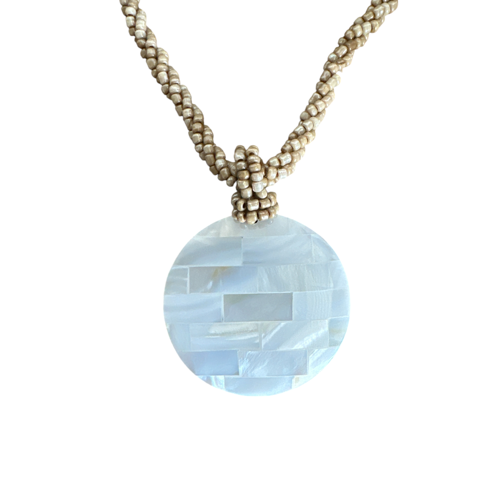 N212 Island Shell Necklace Mother of Pearl Mosaic Disc with Tan Beads