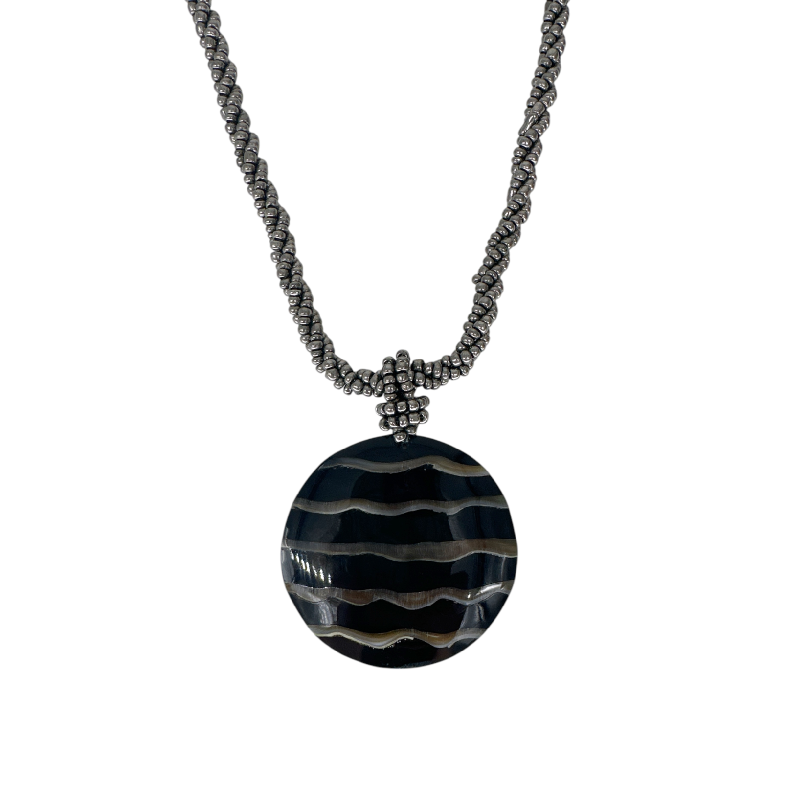 Shell Necklace Black Disc Grey Shell Waves with Pewter Beads - N217