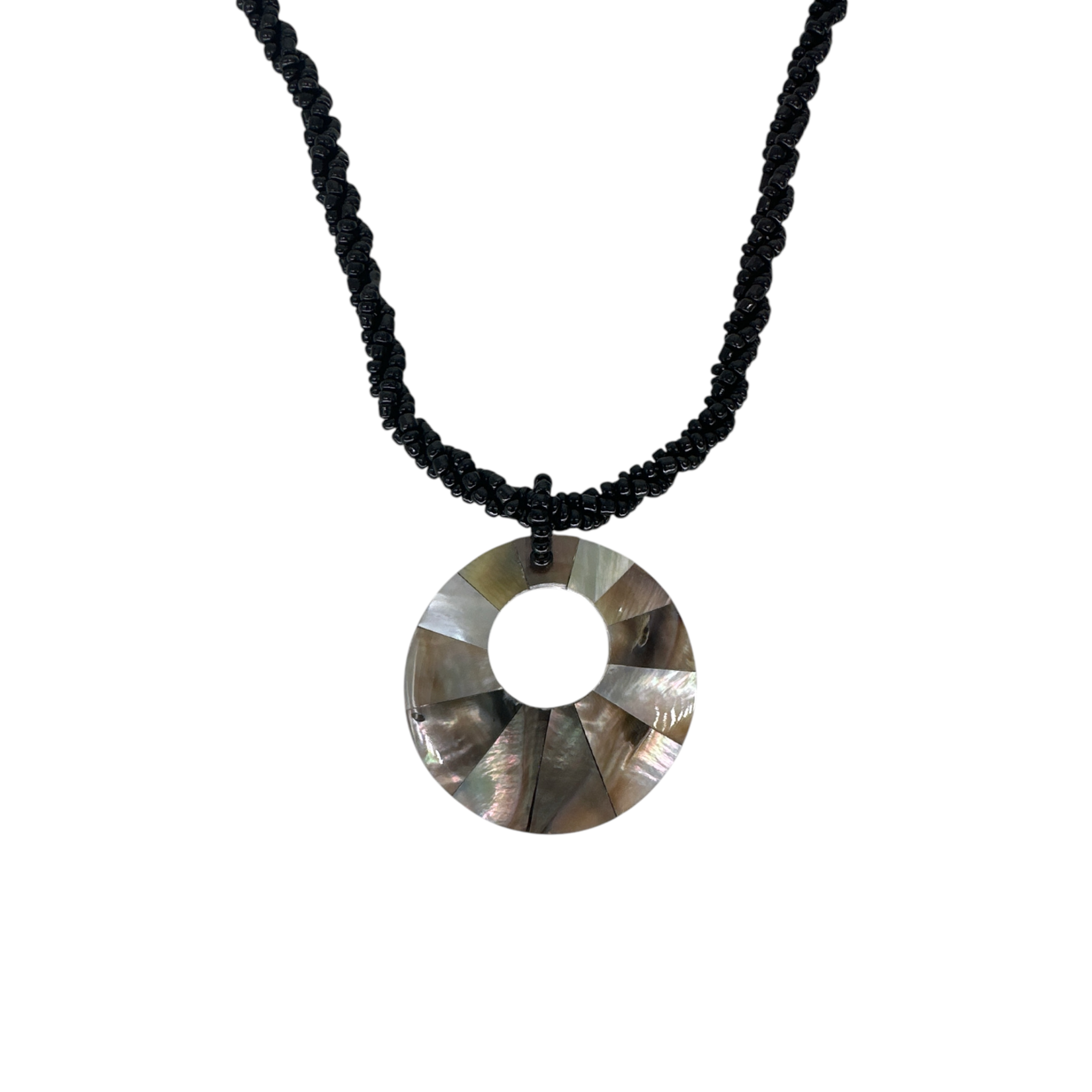 Petite Shell Necklace Gold Shell Mosaic Round on Black Beads - N208