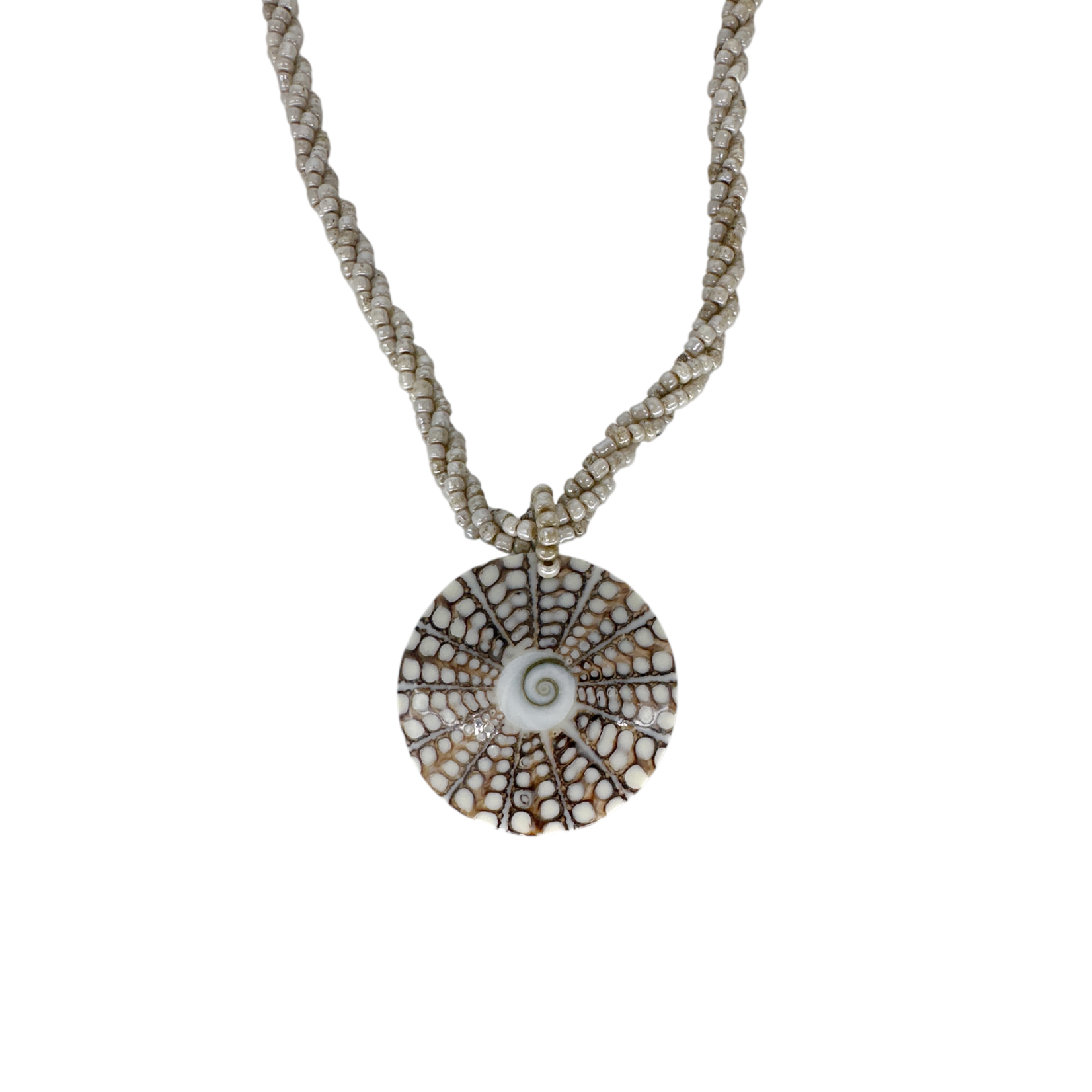 Petite Shell Necklace Eye of Shiva Center Shell Disc on Taupe Beads - N206