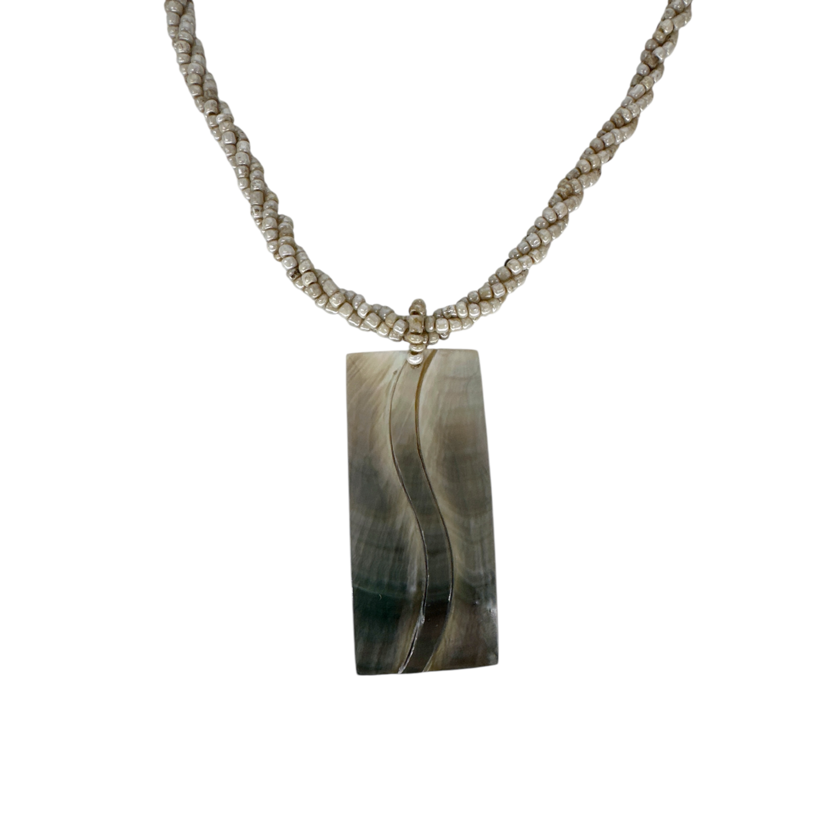 Petite Shell Necklace Gold Shell Rectangle Wave Design on Taupe Beads - N221