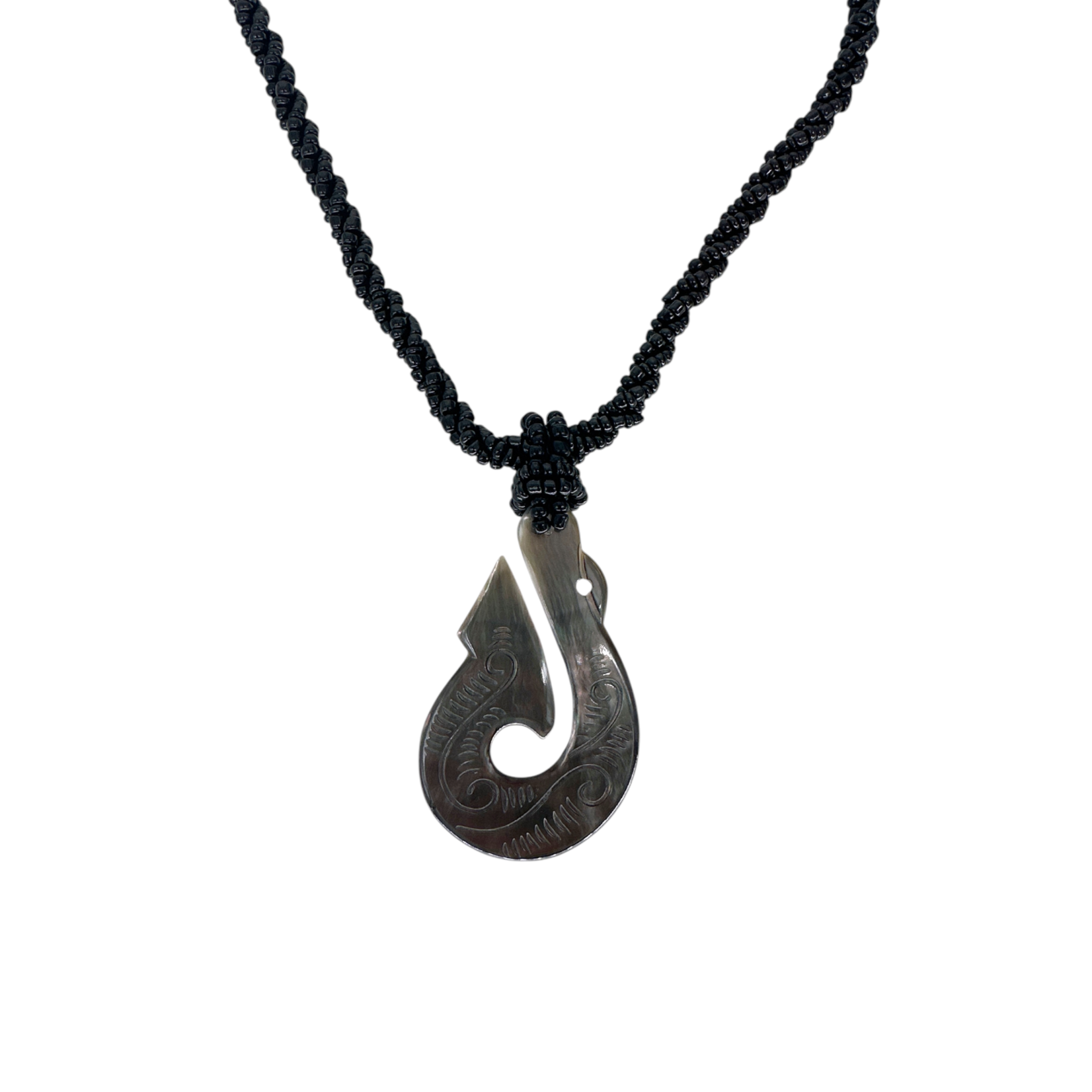 N211 Island Shell Necklace Grey Shell Carved Fishhook on Black Beads