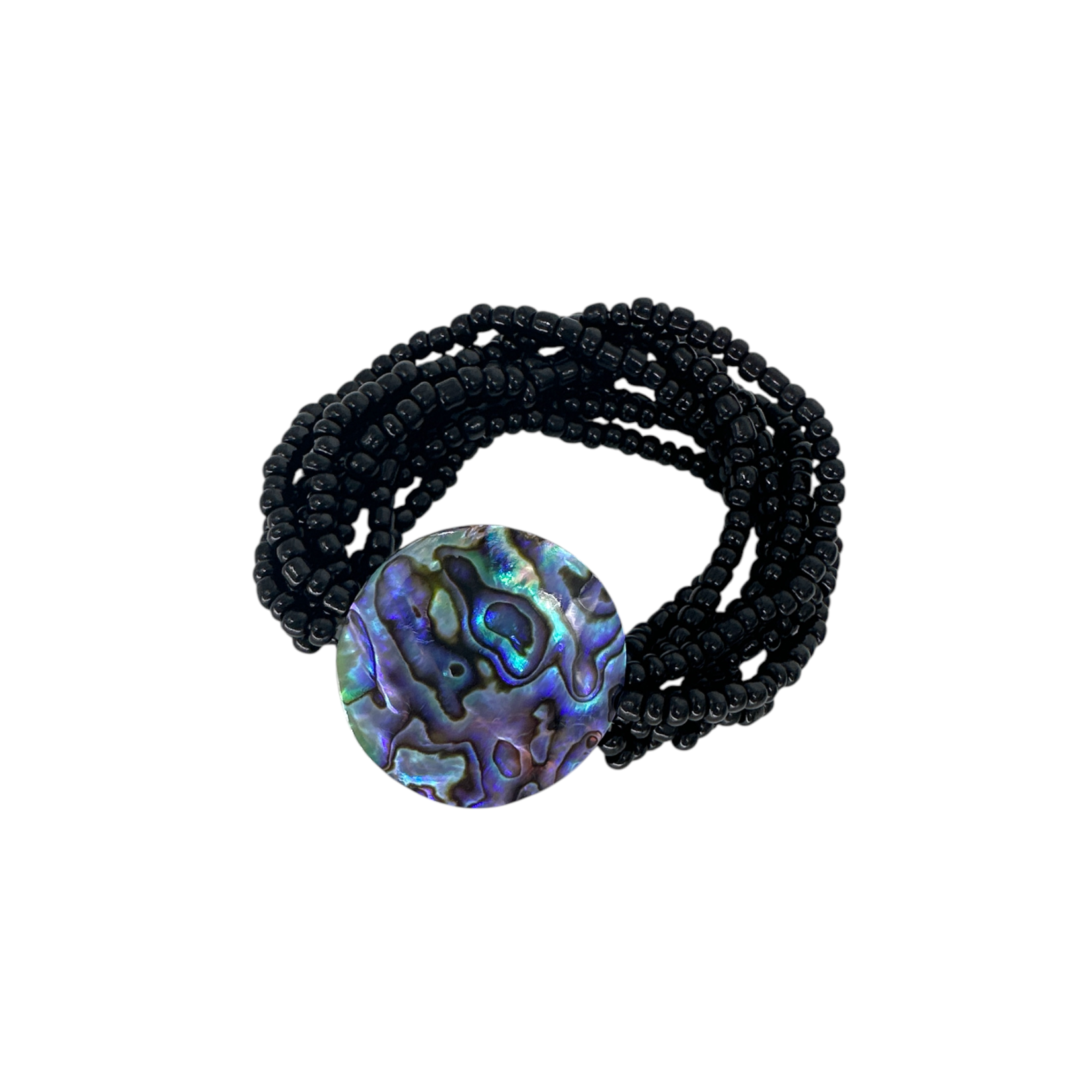 Shell Bracelet B204 Paua Shell Disc with Black Beads Stretch Bracelet