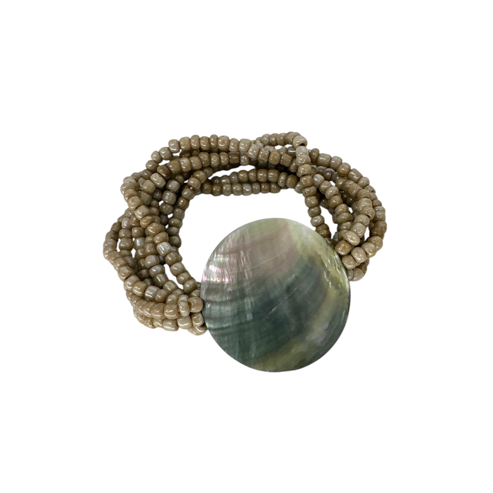 Shell Bracelet B202 Gold Shell Disc with Tan Beads Stretch Bracelet