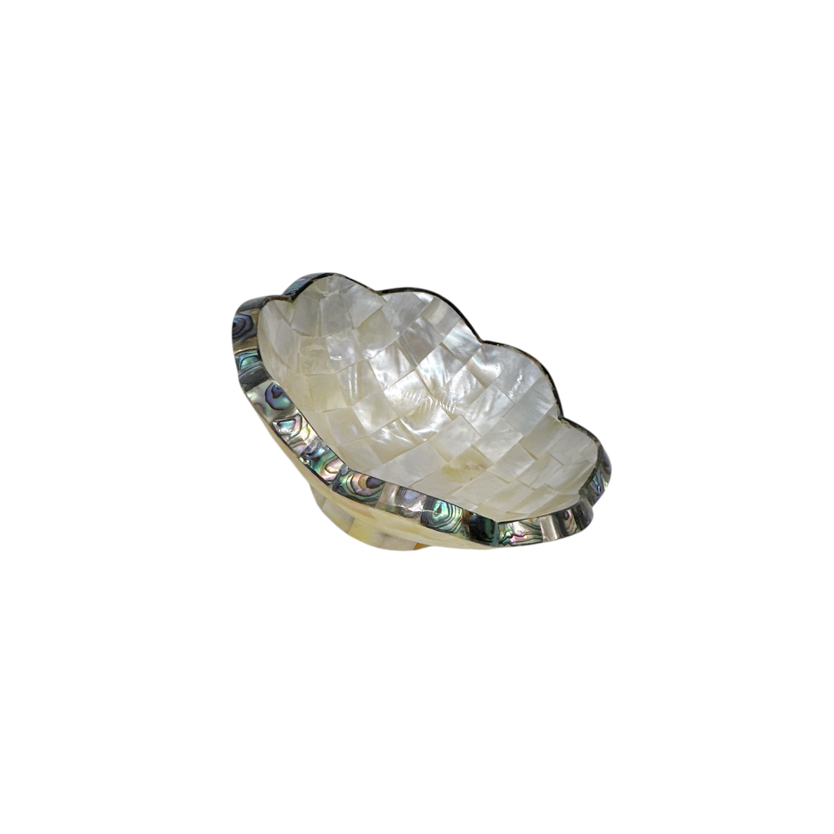 Hand Made Mother of Pearl Triangle Bowl With Scalloped Paua Shell Edge 9cm