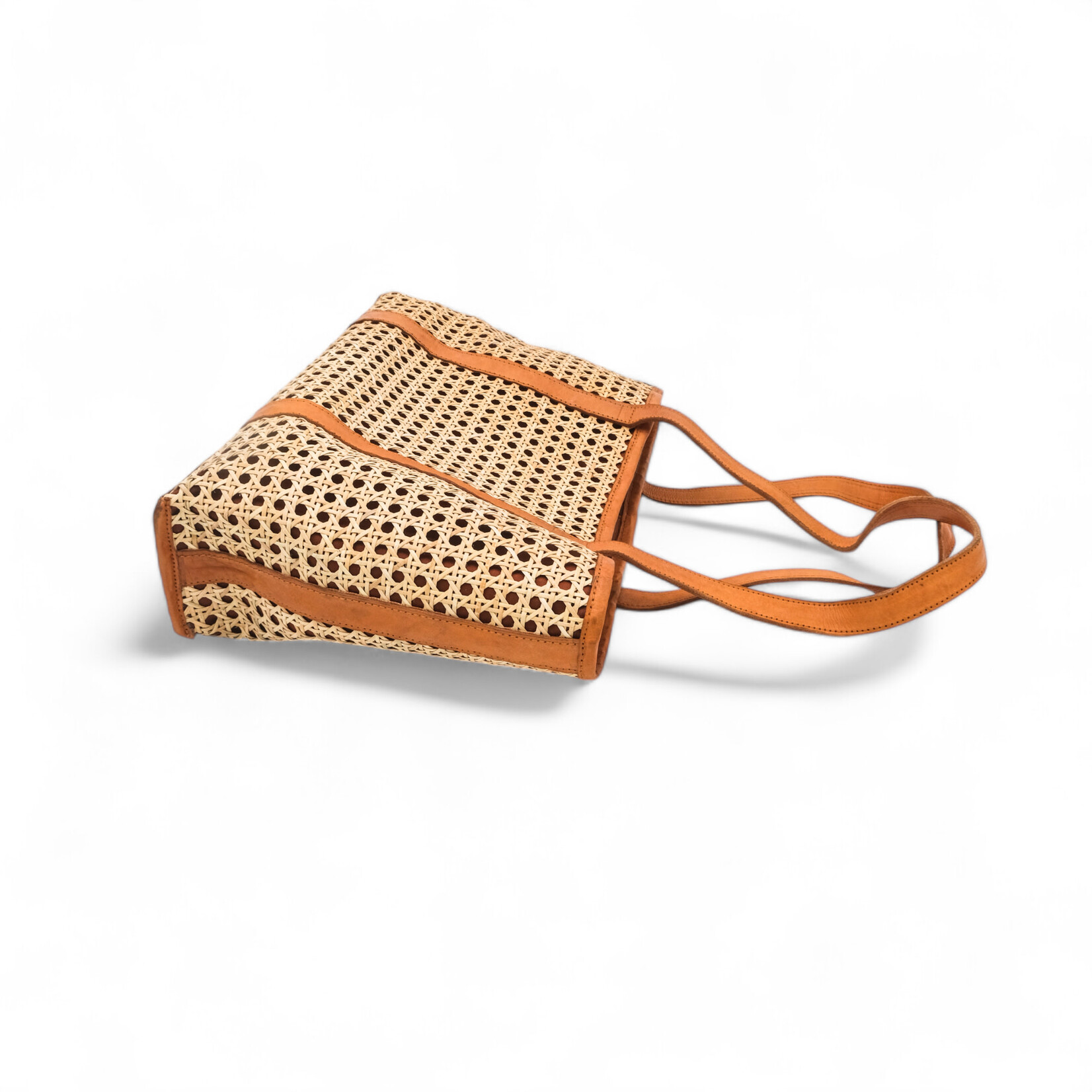 Hand Woven Cane Rattan Bag with Leather Trim  Lined Kaena