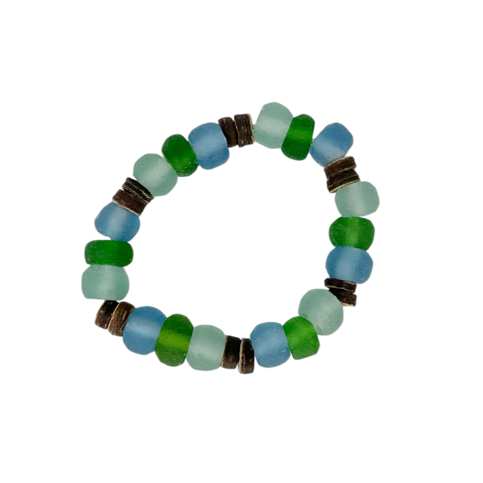 BGL13 Beach Glass & Wood Bracelet Turquoise & Green