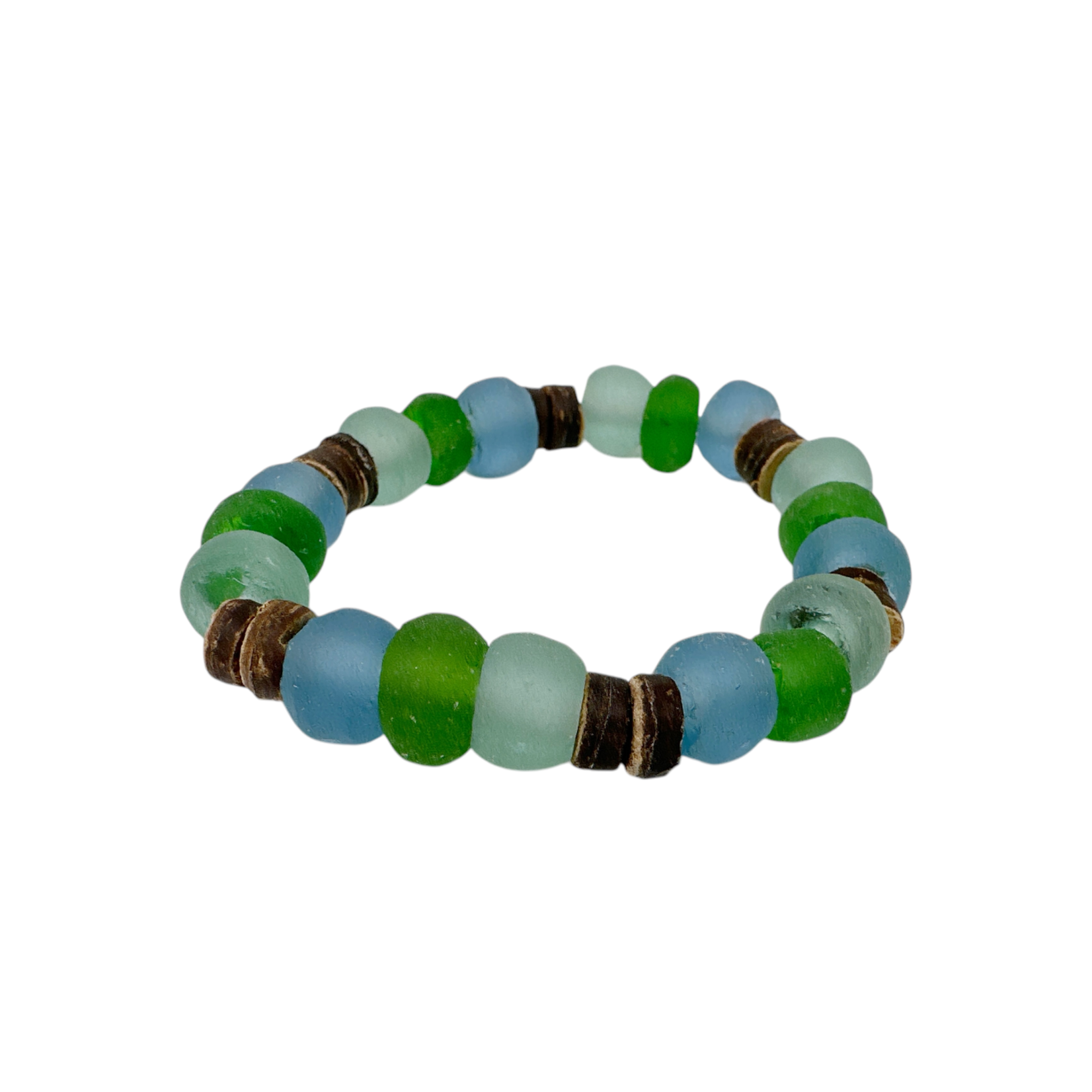 BGL13 Beach Glass & Wood Bracelet Turquoise & Green