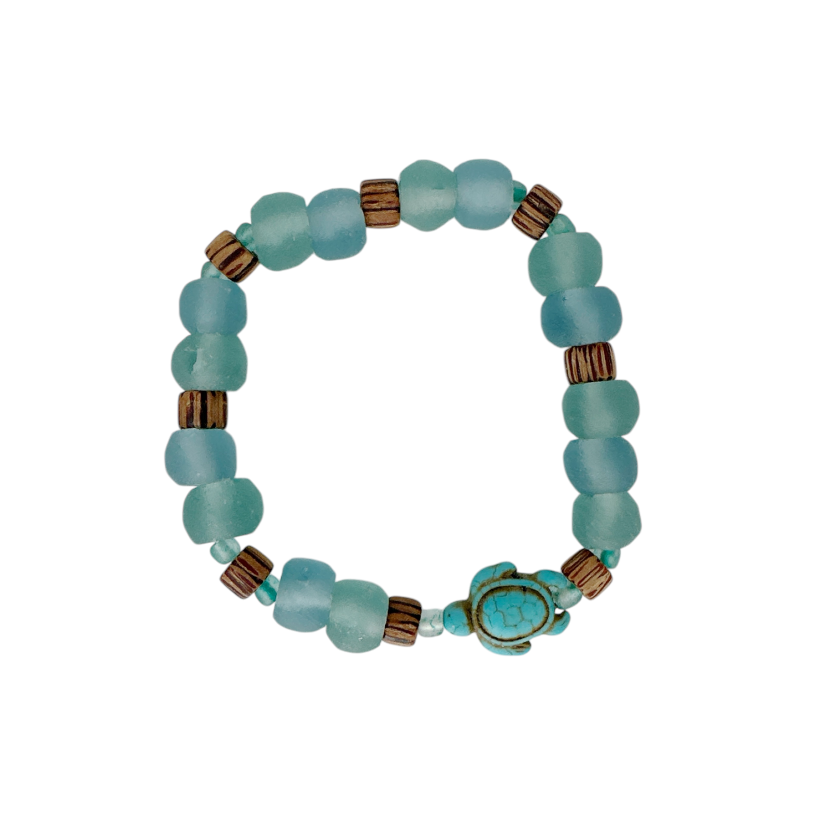 BGL 26 Beach Glass & Wood Bracelet Turtle Bead