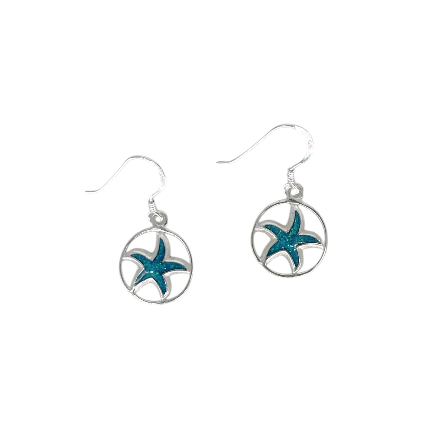 SE336 Sterling Silver Blue Sparkle Enamel Starfish Dangle Earrings