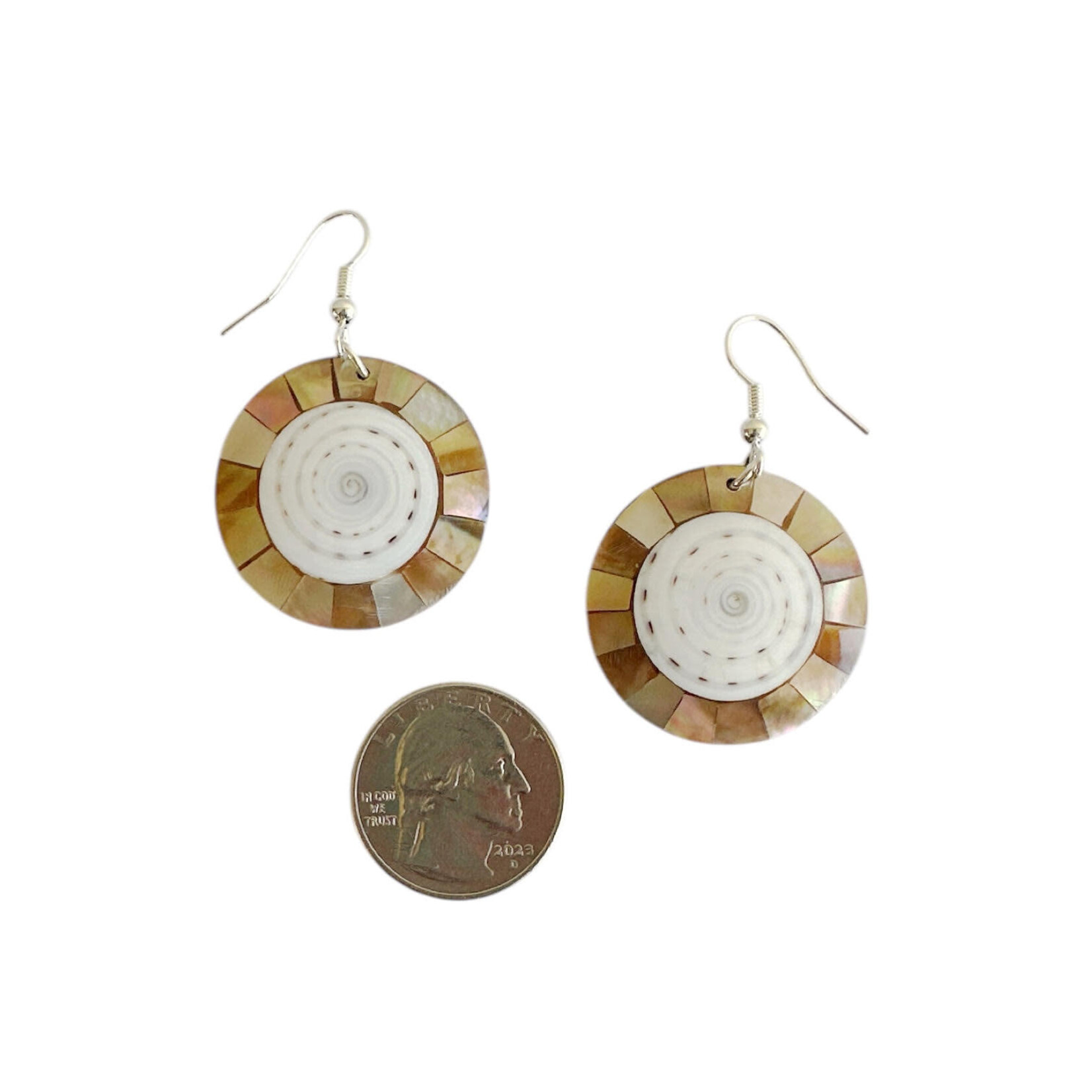 EA110 Shell Earrings Cone Shell and Gold Mosaic Mother of Pearl Rim