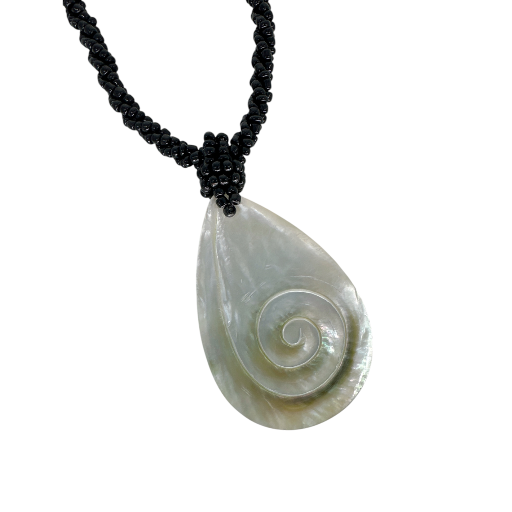 Shell Necklace Carved Teardrop Swirl Design with Black Beads - NB2
